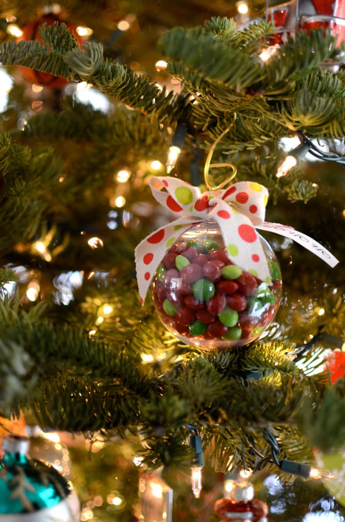 Ornament filled with red and green candy treats
