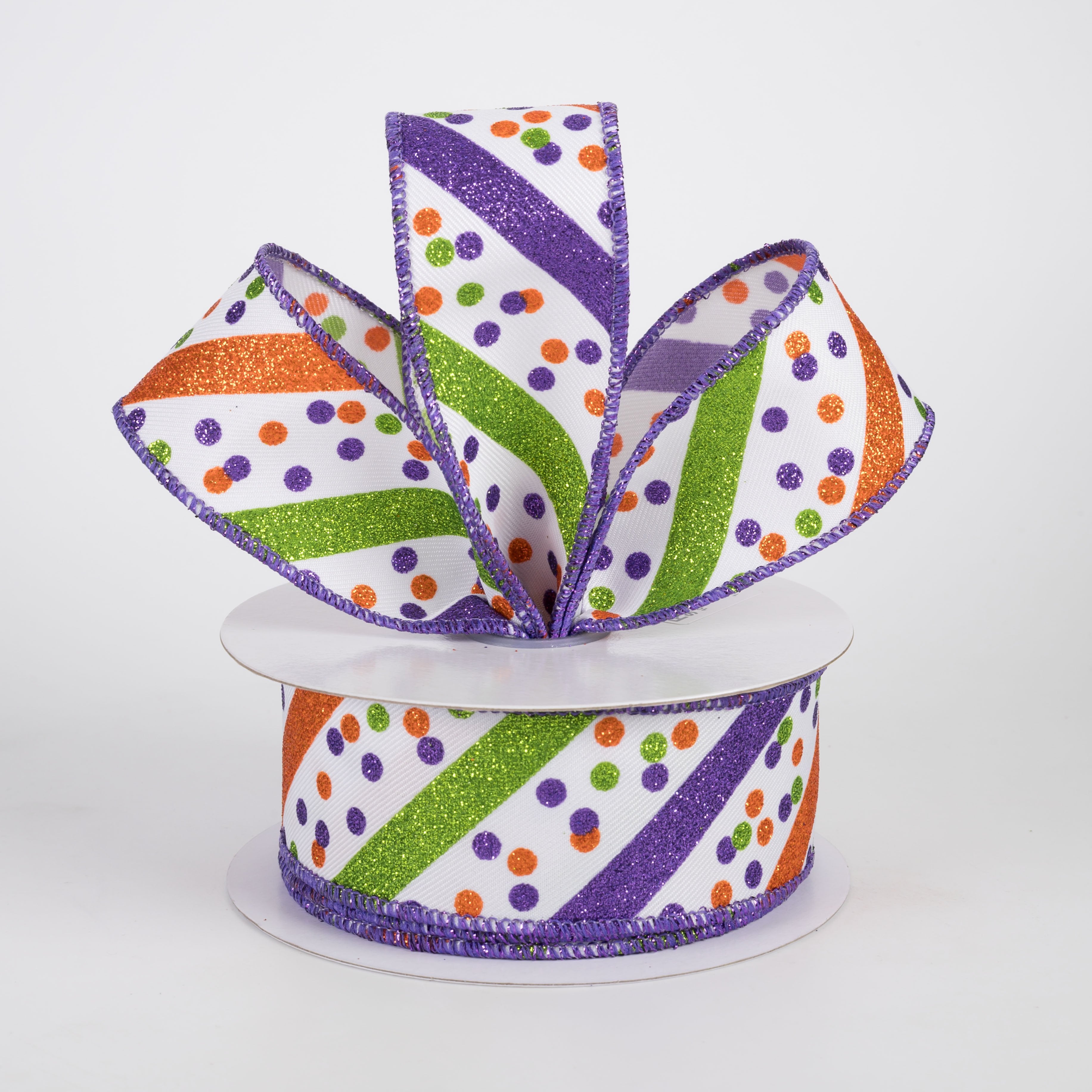 1.5" Diagonal Glitter Stripes & Confetti Dots Ribbon: Bright Halloween (10 Yards) Lifestyle Photo