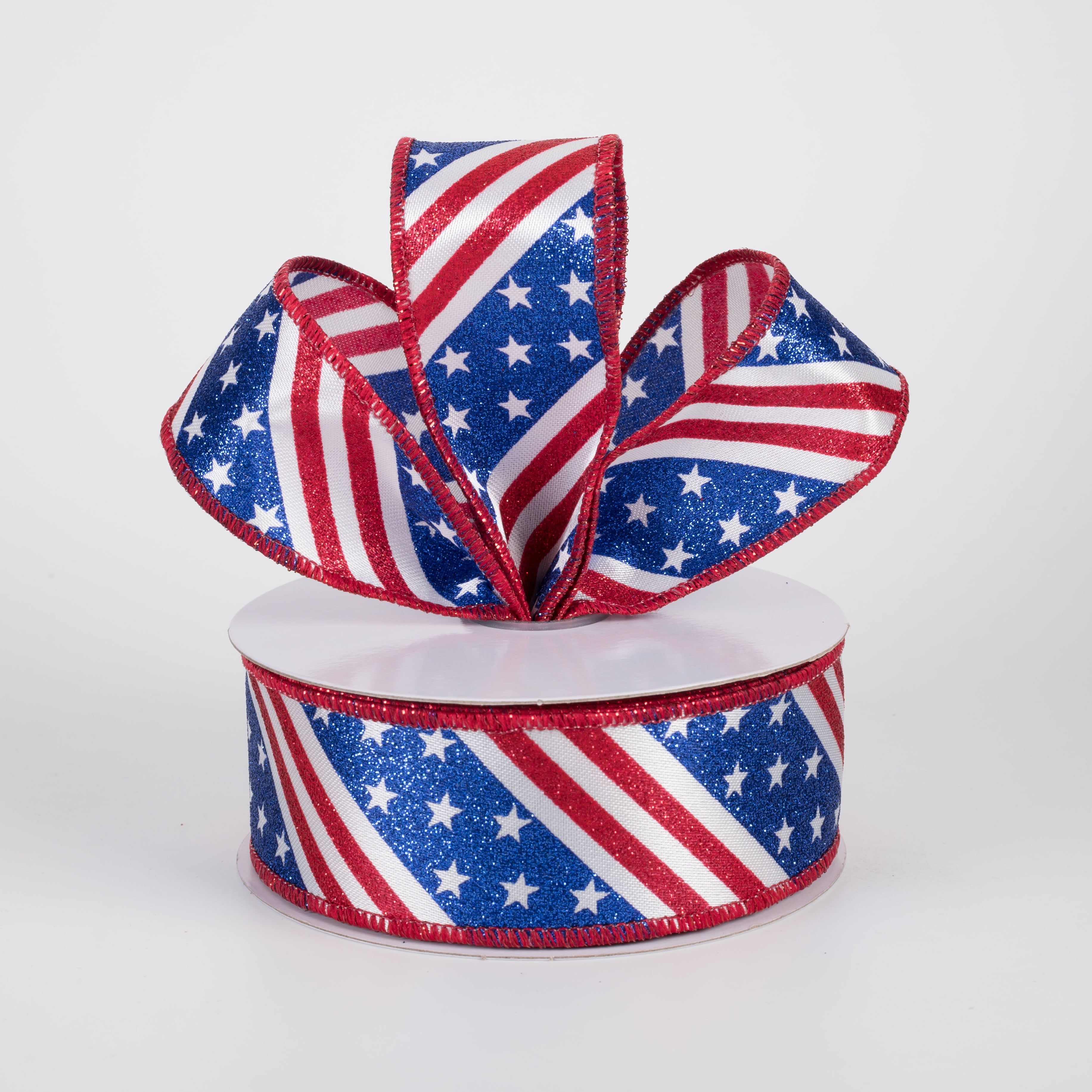 1.5" Diagonal Glittered Stars & Stripes Ribbon: Red, White & Blue (10 Yards) Lifestyle Photo