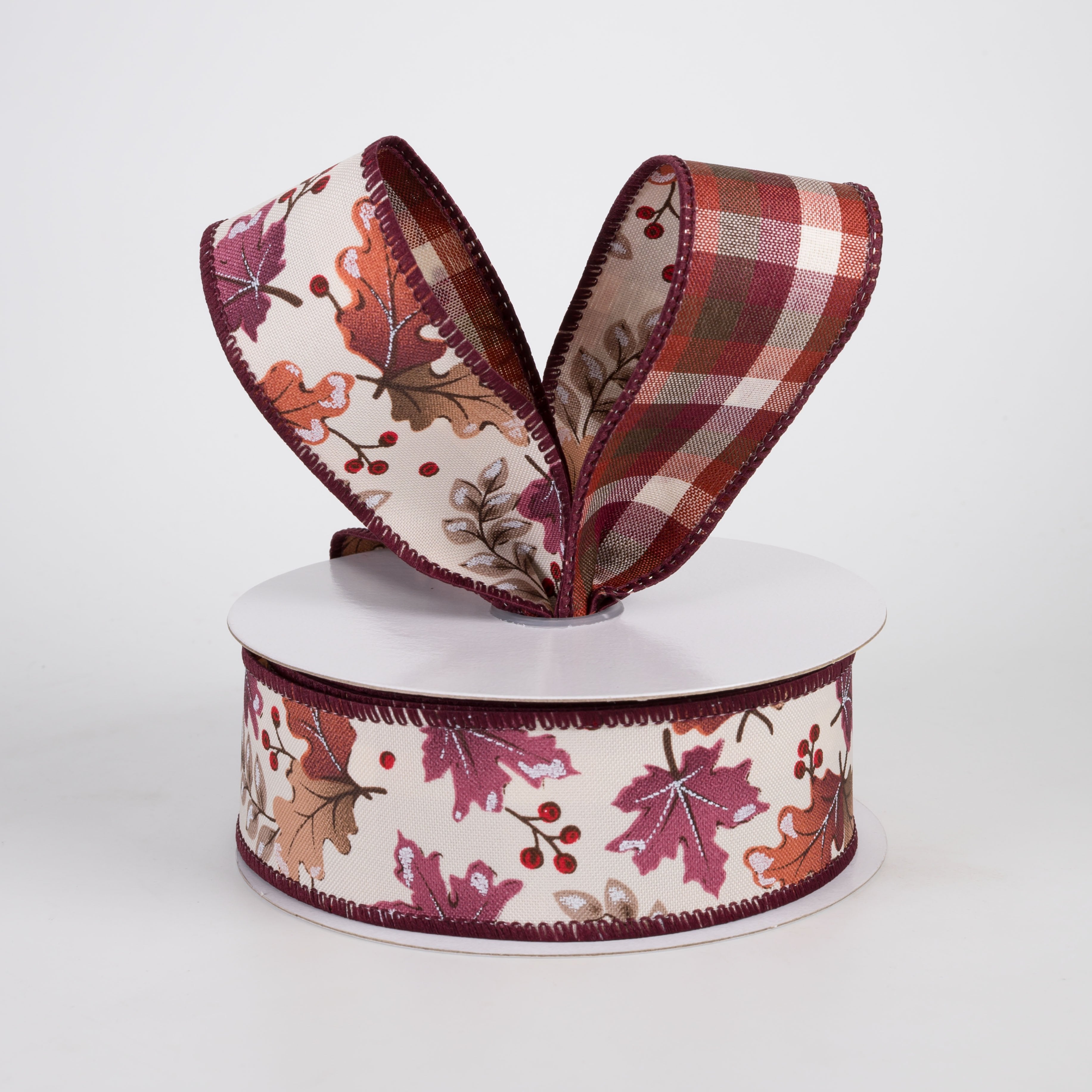 1.5" Double Sided Fused Autumn Leaves & Plaid Ribbon: Burgundy & Toffee (10 Yards) Lifestyle Photo
