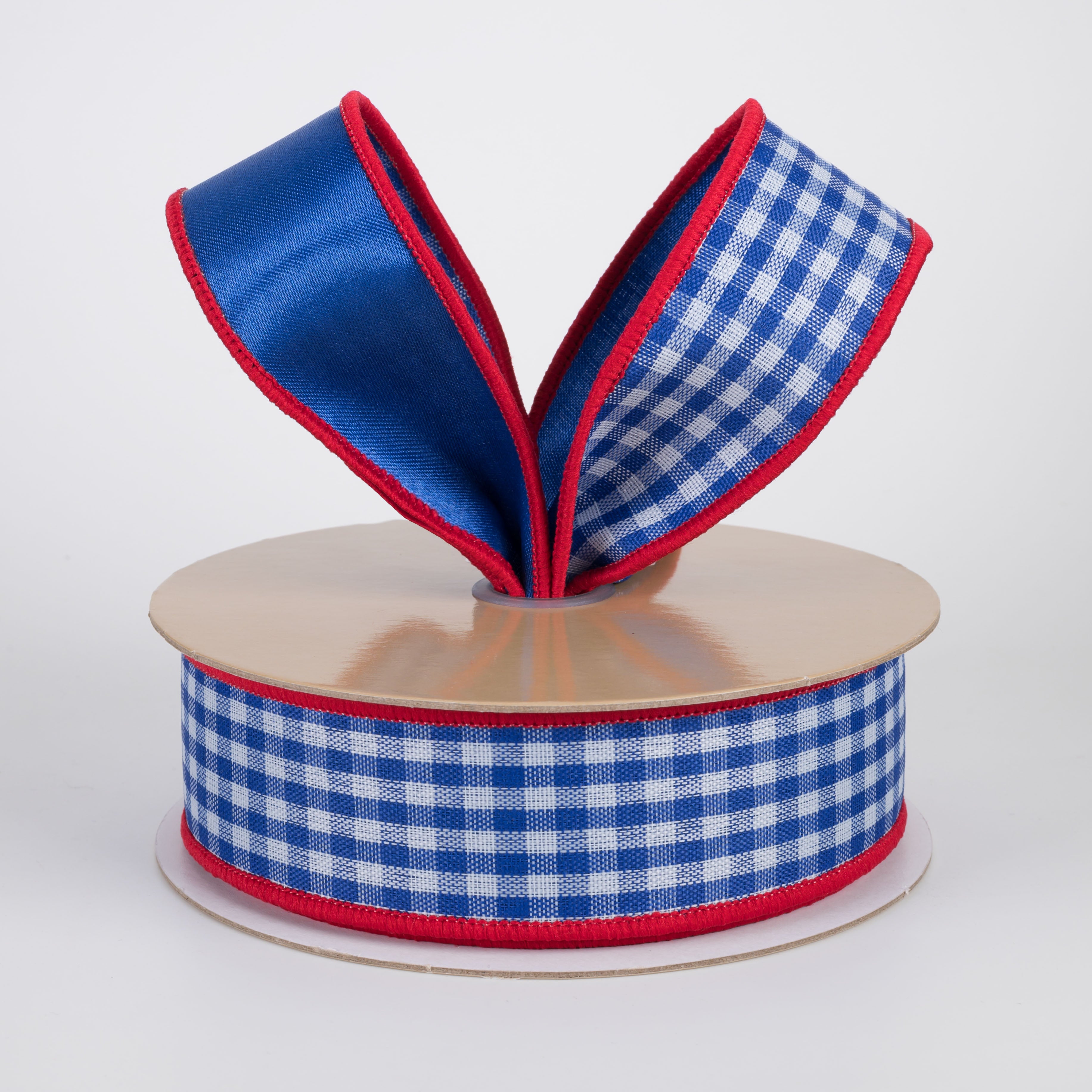 1.5" Double Sided Fused Check & Satin Ribbon: Blue, White & Red (10 Yards) Lifestyle Photo