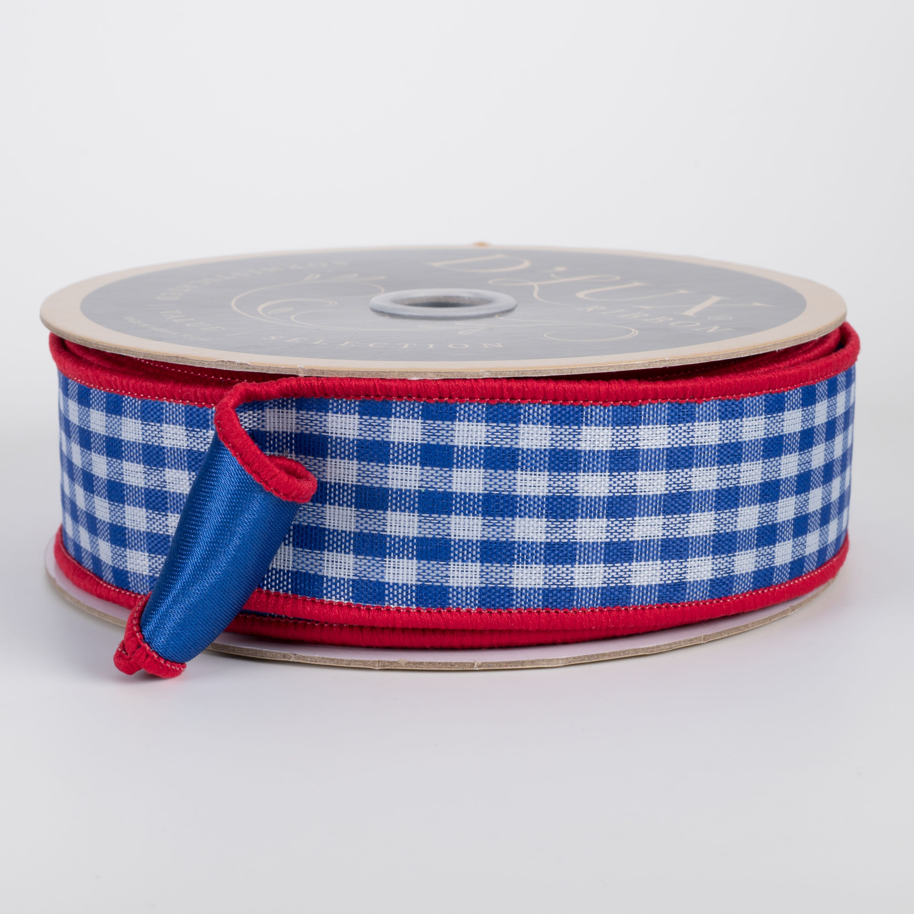 1.5" Double Sided Fused Check & Satin Ribbon: Blue, White & Red (10 Yards) Item Number: LX601725