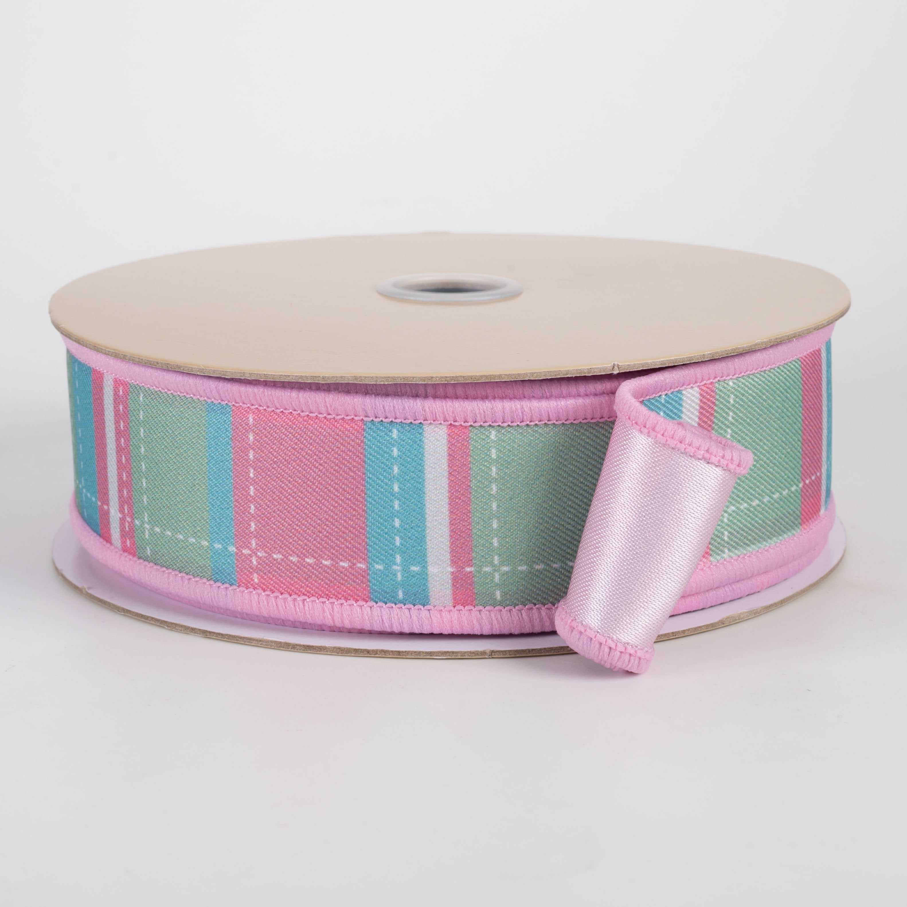 1.5" Double Sided Fused Dashed Plaid Ribbon: Pink & Mint (10 Yards) Item Number: LX1284WT