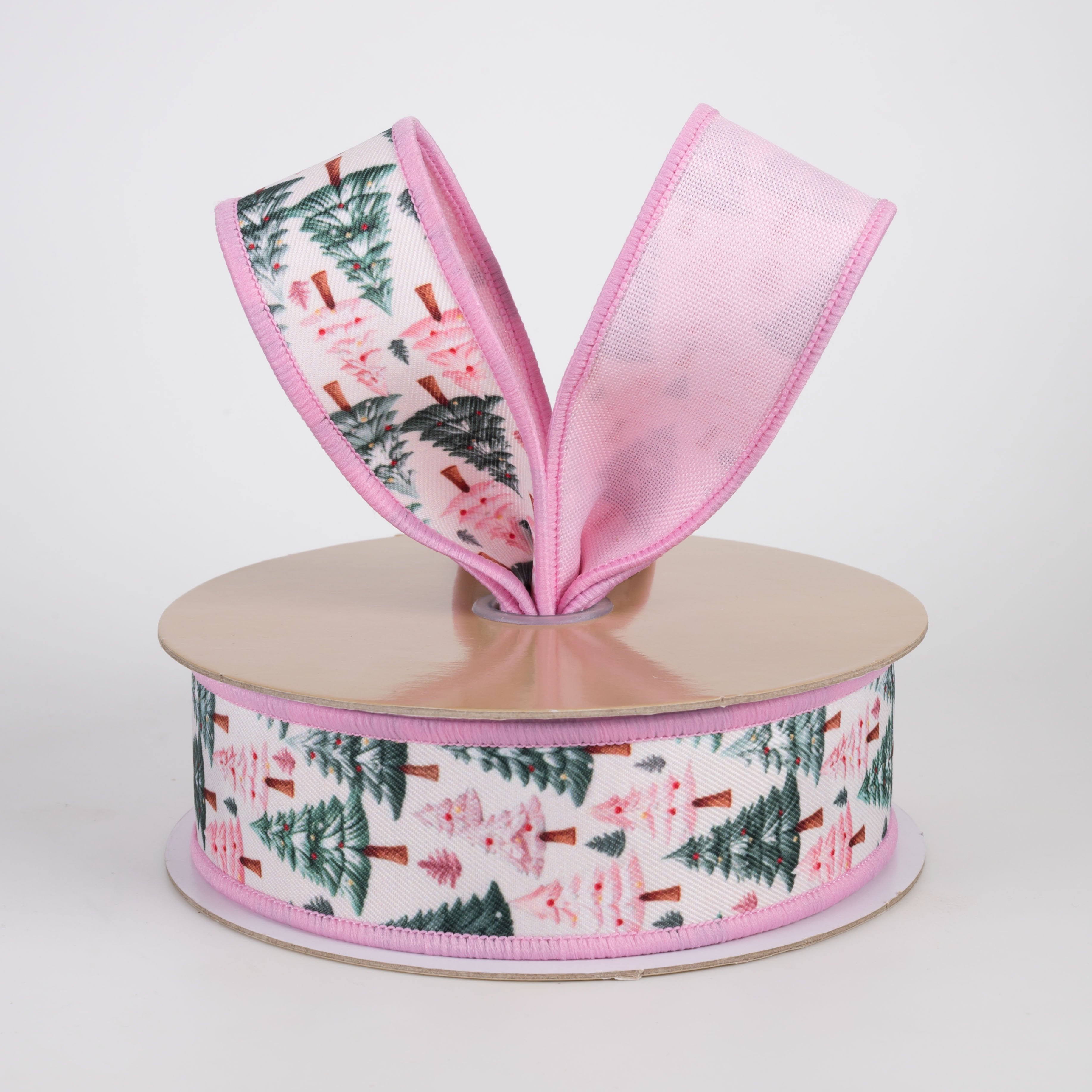 1.5" Double Sided Fused Festive Christmas Trees Ribbon: Ivory & Pink (10 Yards) Lifestyle Photo