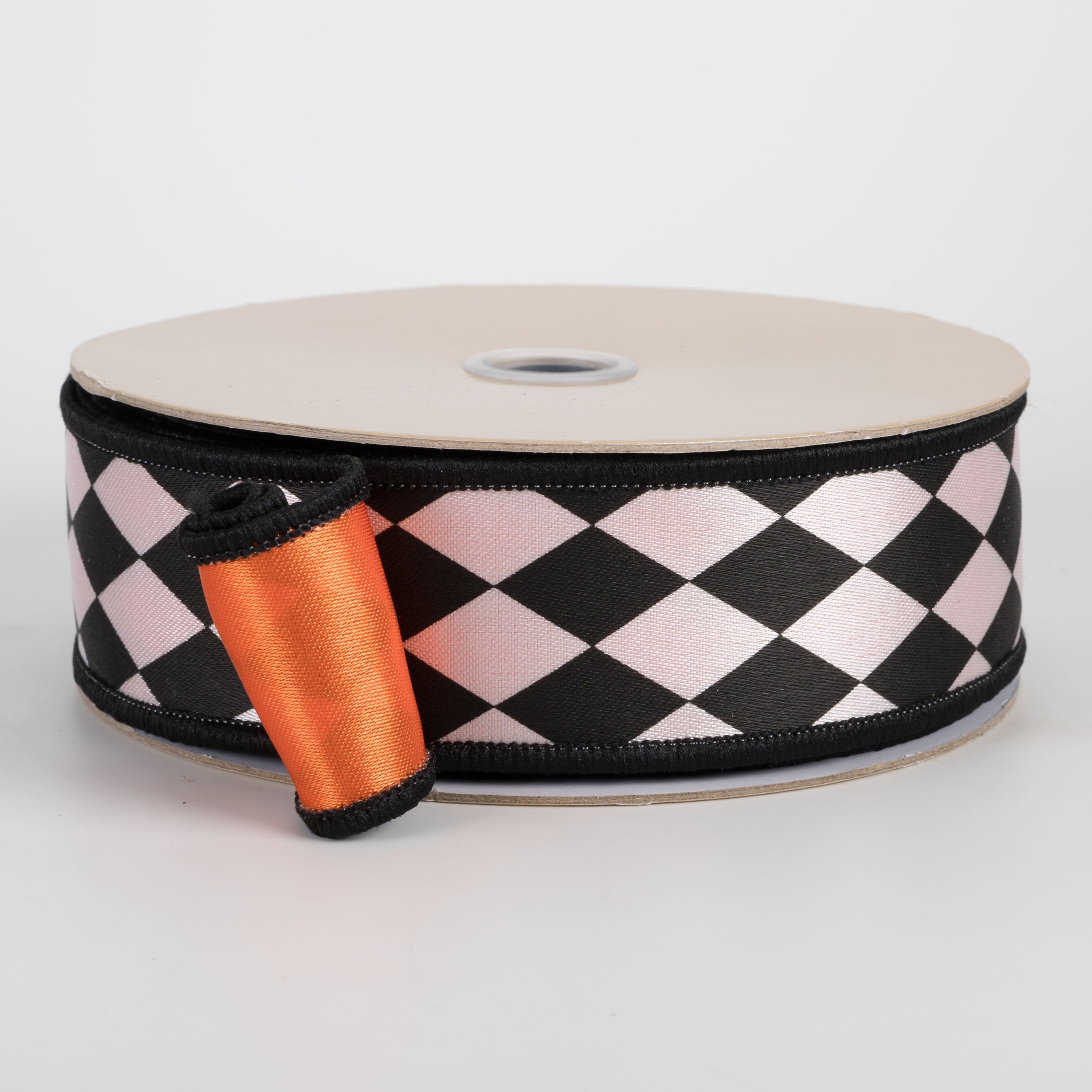 1.5" Double Sided Fused Harlequin Ribbon: Orange, Black & White (10 Yards) Item Number: LX311820