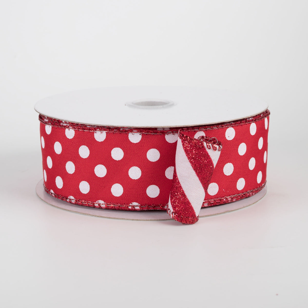 1.5" Double Sided Satin Dots & Glitter Candy Cane Stripes Ribbon: Red & White (10 Yards) Item Number: D73581-09-12