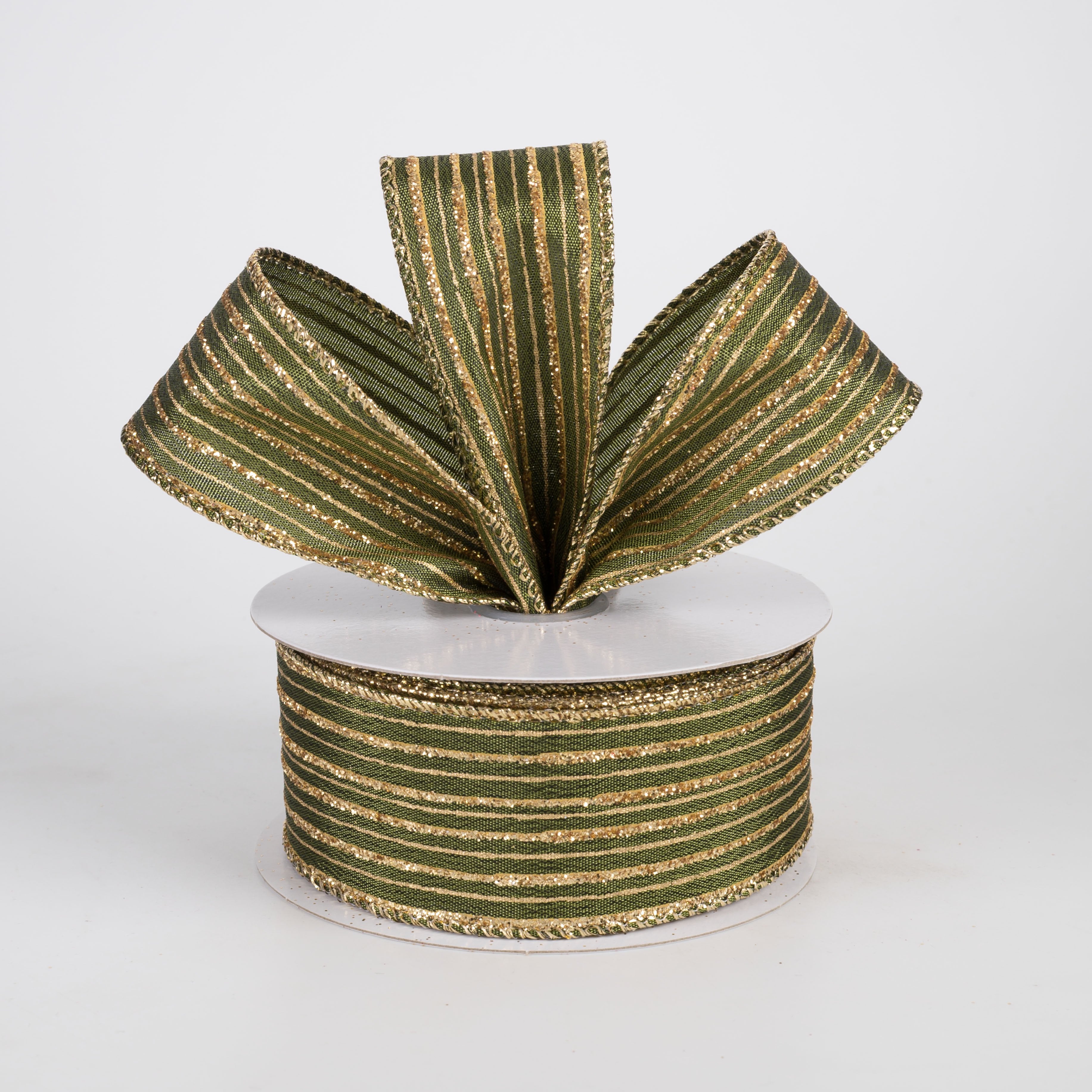 1.5" Dual Gold Stripes Satin Ribbon: Moss Green (10 Yards) Lifestyle Photo