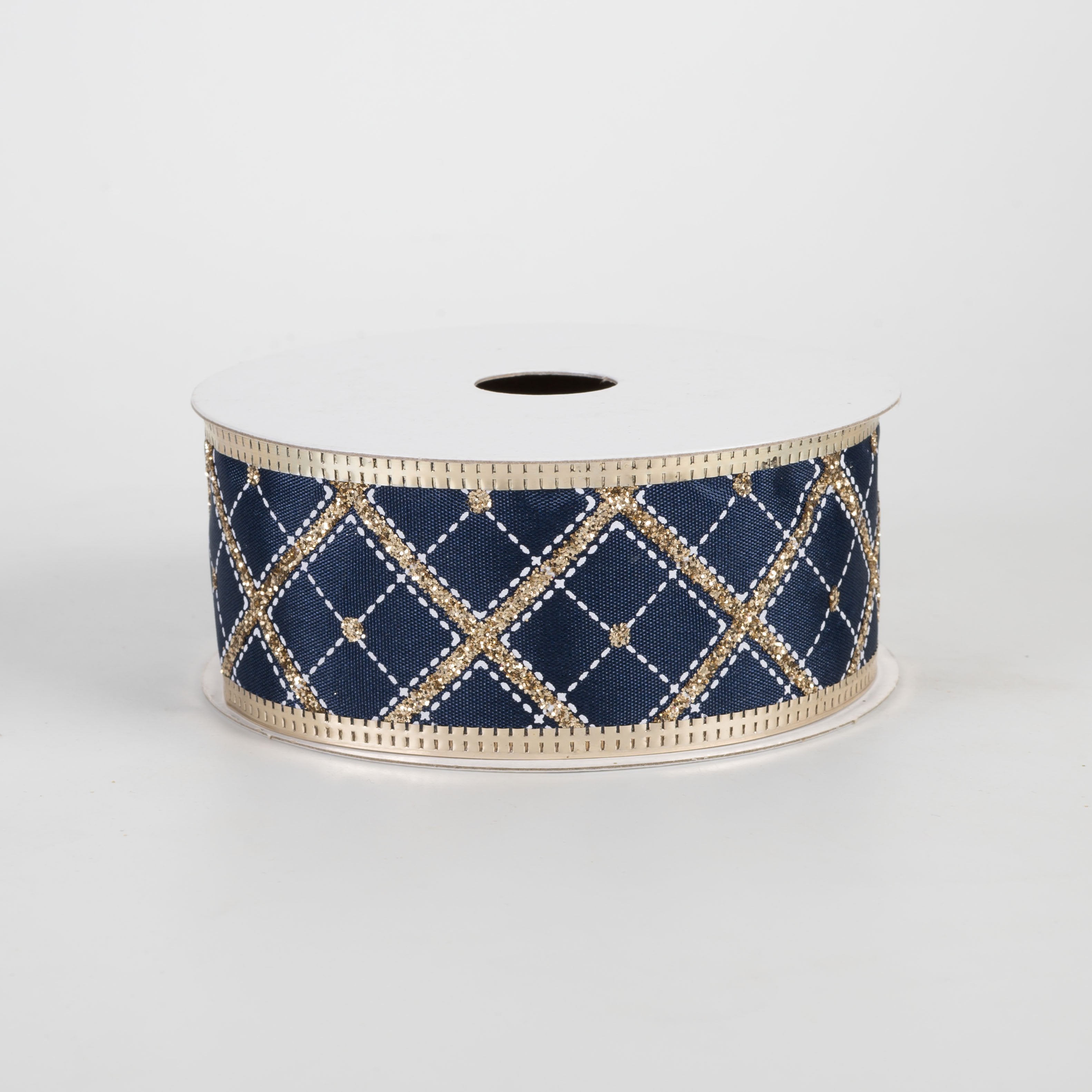 1.5" Glitter Cross Diagonal Plaid Ribbon: Gold on Navy (10 Yards) Item Number: 76341-09-14