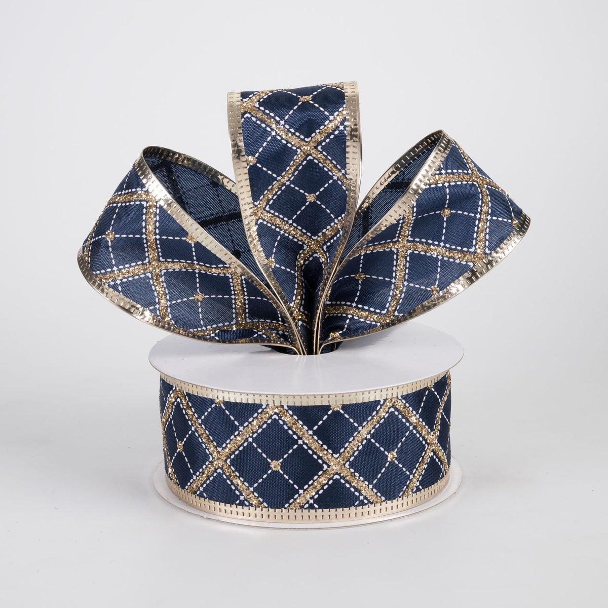 1.5" Glitter Cross Diagonal Plaid Ribbon: Gold on Navy (10 Yards) Lifestyle Photo