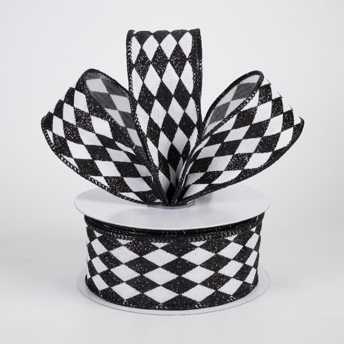 1.5" Glitter Harlequin Ribbon: Black on White (10 Yards) Lifestyle Photo