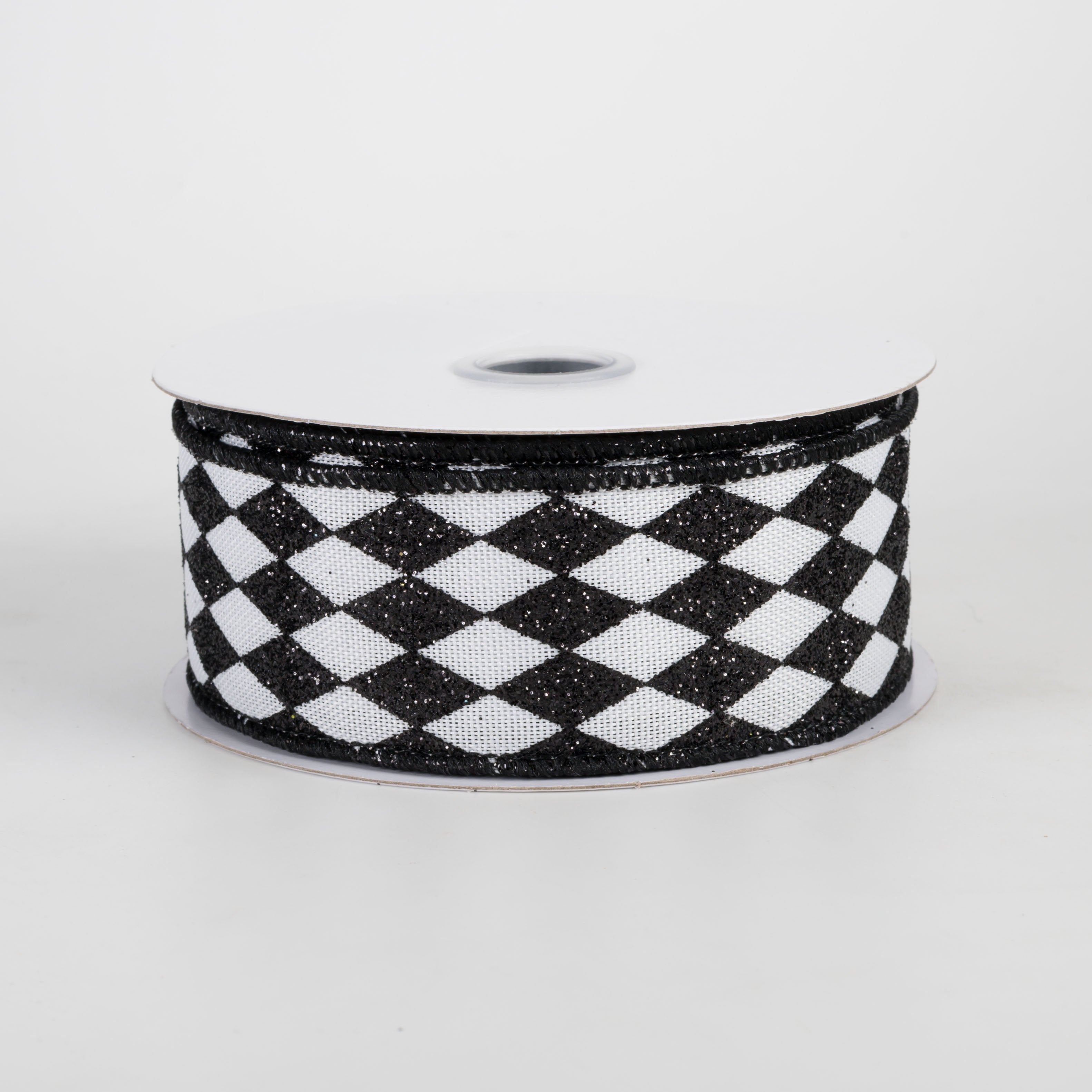 1.5" Glitter Harlequin Ribbon: Black on White (10 Yards) Item Number: RGH1440L6