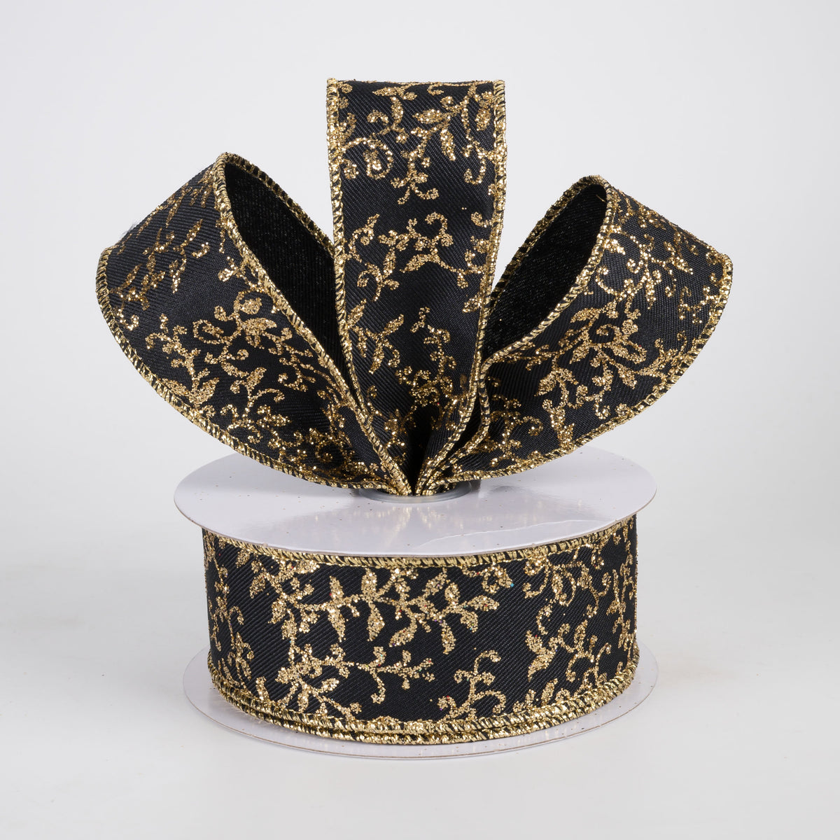 1.5" Glitter Mini Leaf Vines Ribbon: Black & Gold (10 Yards) Lifestyle Photo
