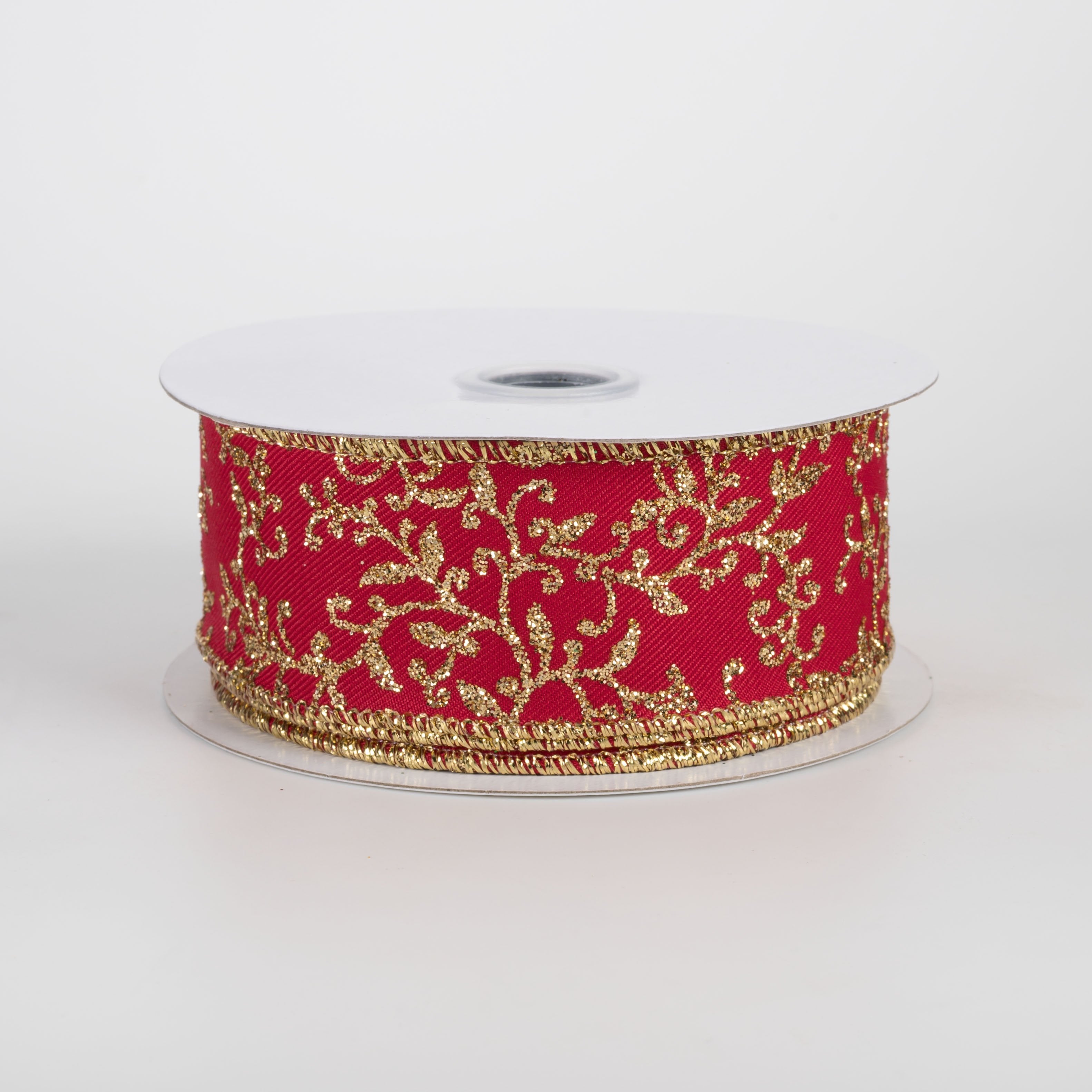 1.5" Glitter Mini Leaf Vines Ribbon: Red & Gold (10 Yards) Item Number: RGF131236
