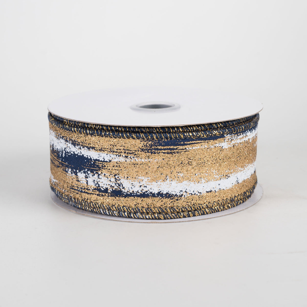 1.5" Glitter Paint Strokes Ribbon: Gold & White on Navy Blue (10 Yards) Item Number: RGH1466WA