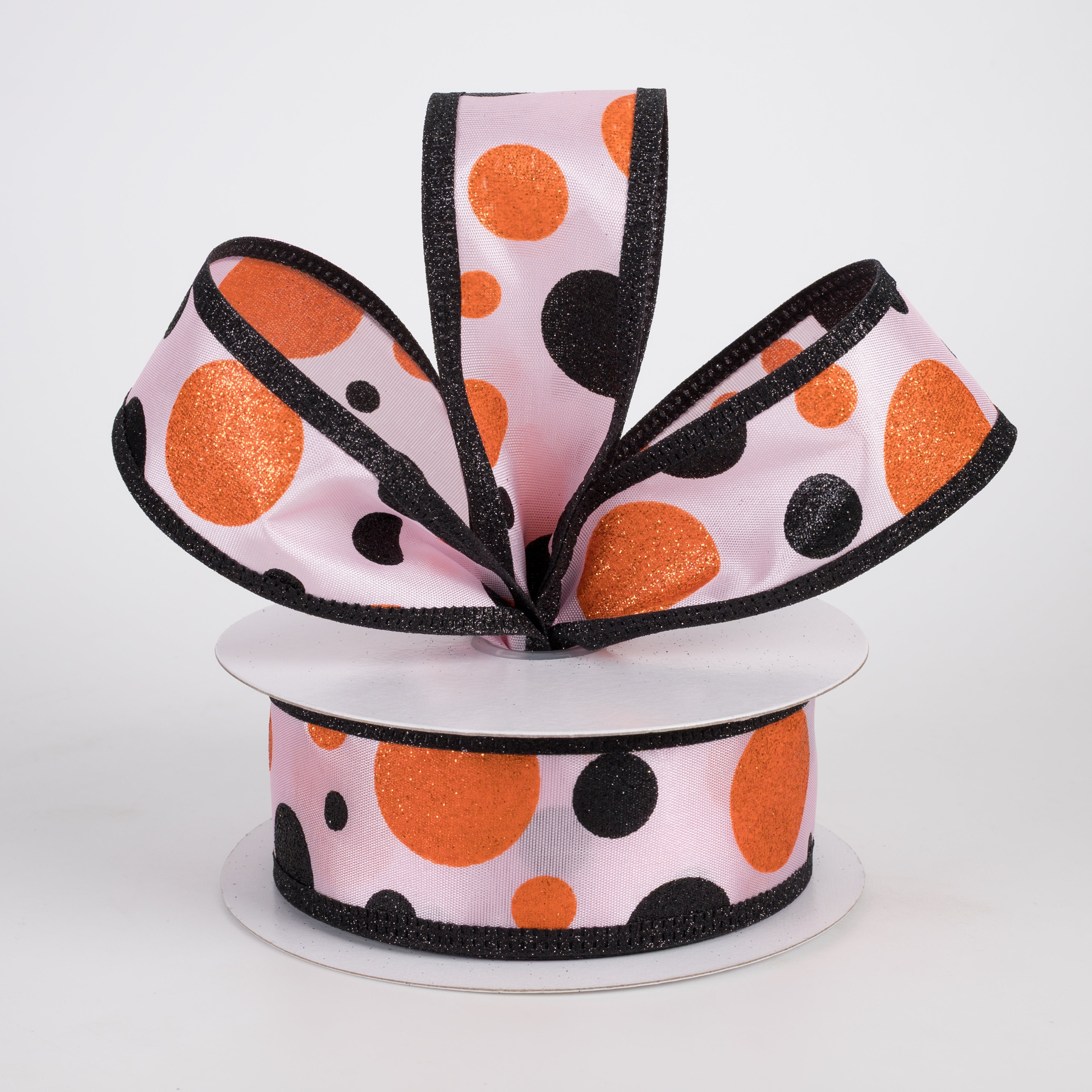 1.5" Glitter Polka Dots Ribbon: Orange & Black on Pink (10 Yards) Lifestyle Photo