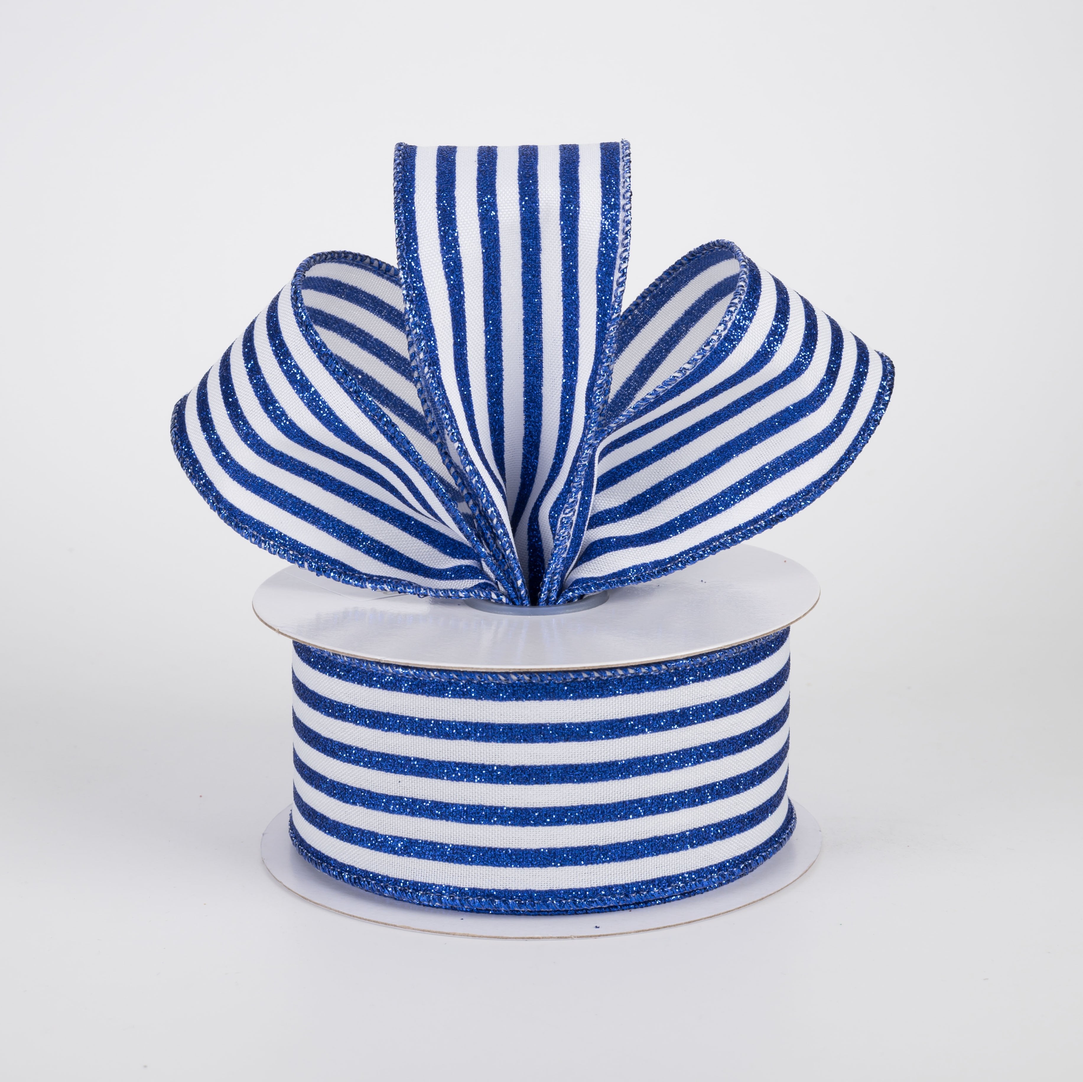 1.5" Glitter Vertical Stripe Ribbon: Royal on White (10 Yards) Lifestyle Photo