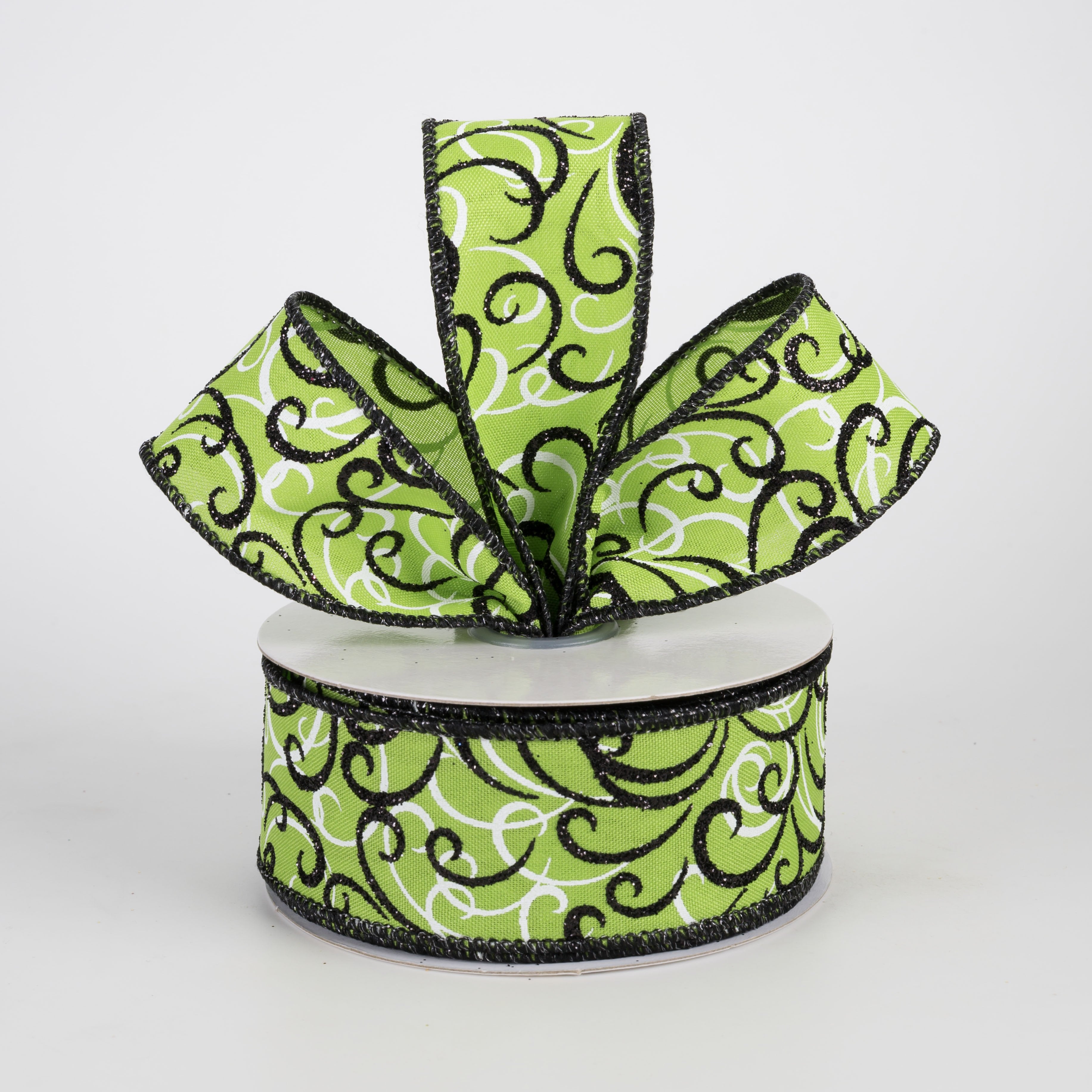 1.5" Glittered Multi Swirls Ribbon: Black & White on Lime Green (10 Yards) Lifestyle Photo