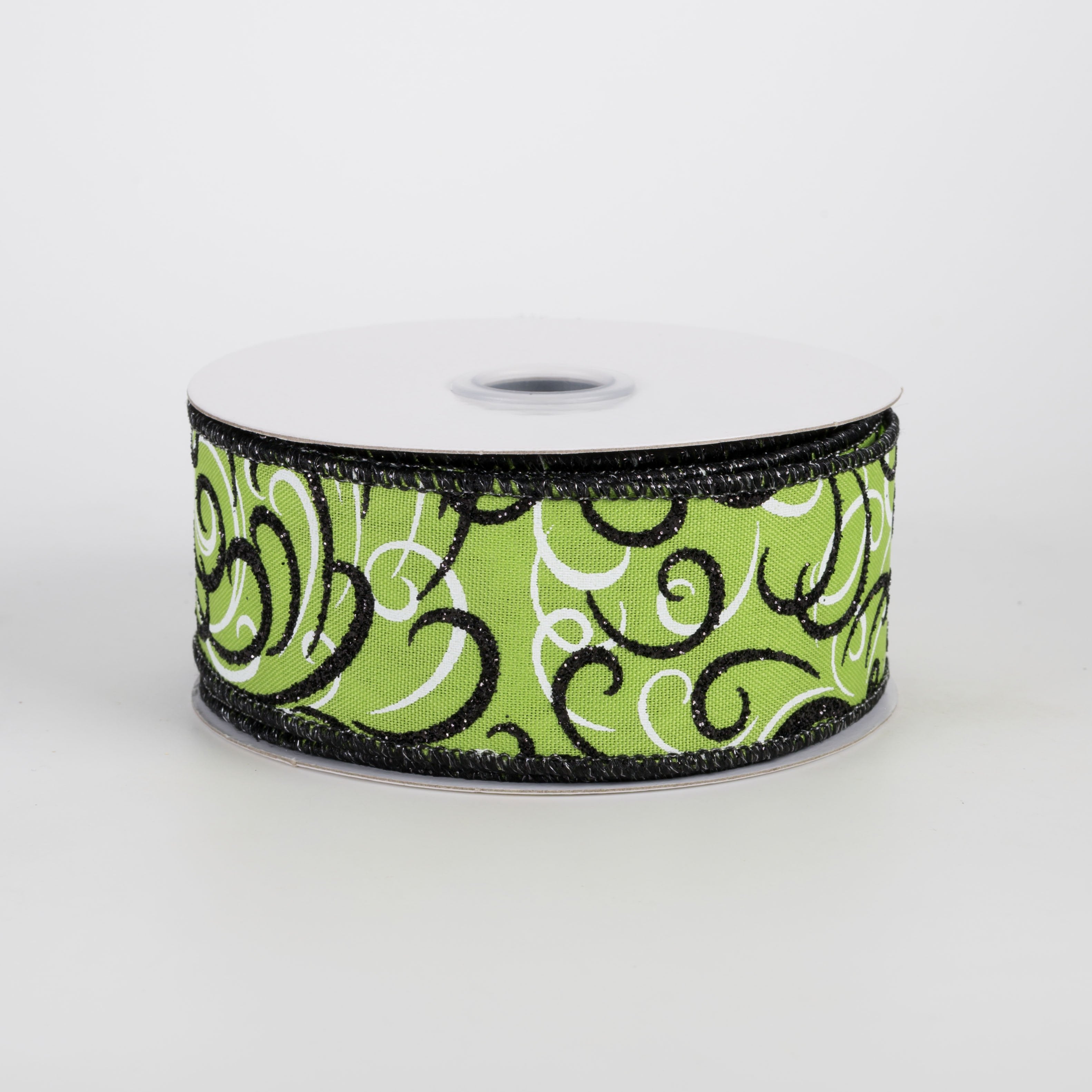 1.5" Glittered Multi Swirls Ribbon: Black & White on Lime Green (10 Yards) Item Number: RGF132233