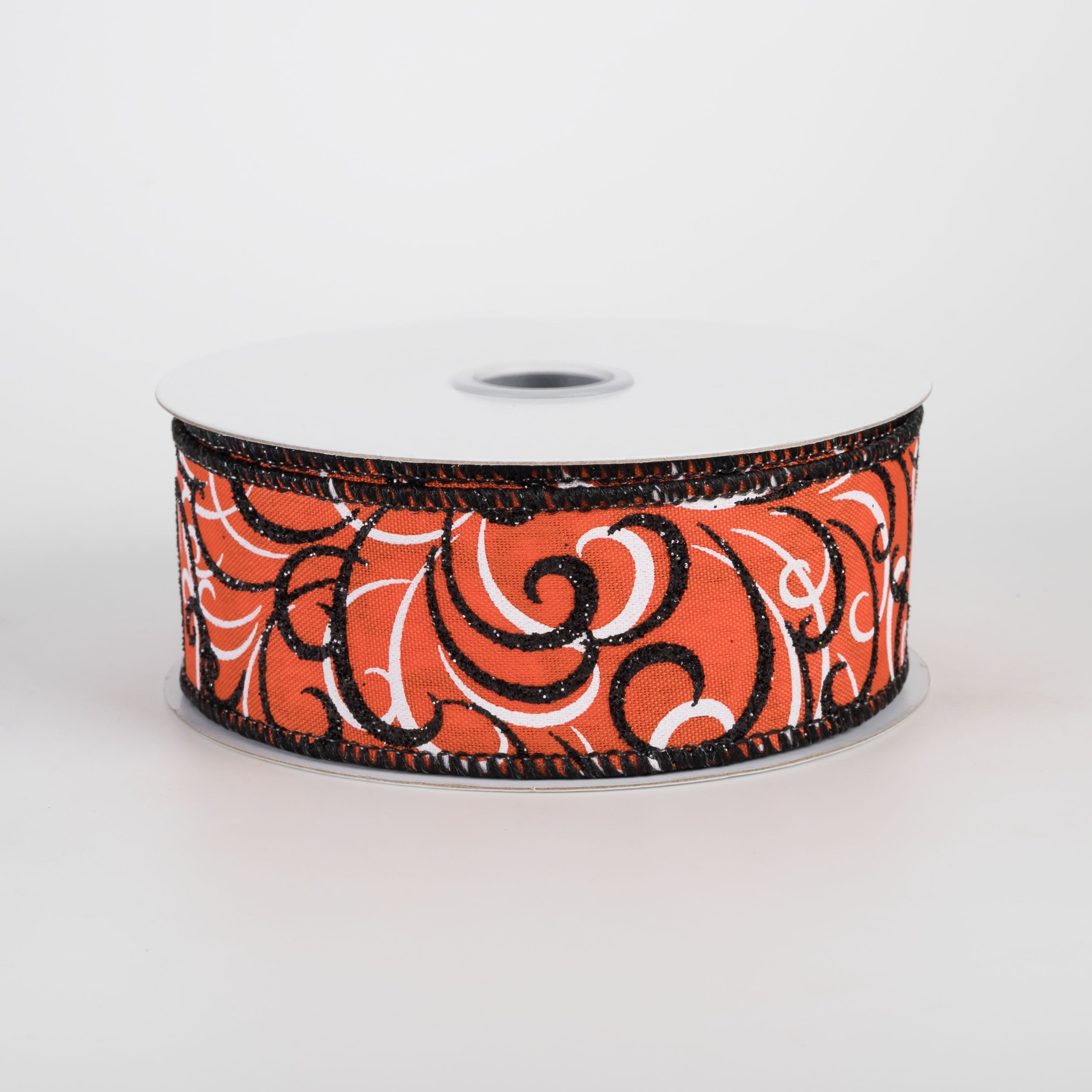 1.5" Glittered Multi Swirls Ribbon: Black & White on Orange (10 Yards) Item Number: RGF1322P2