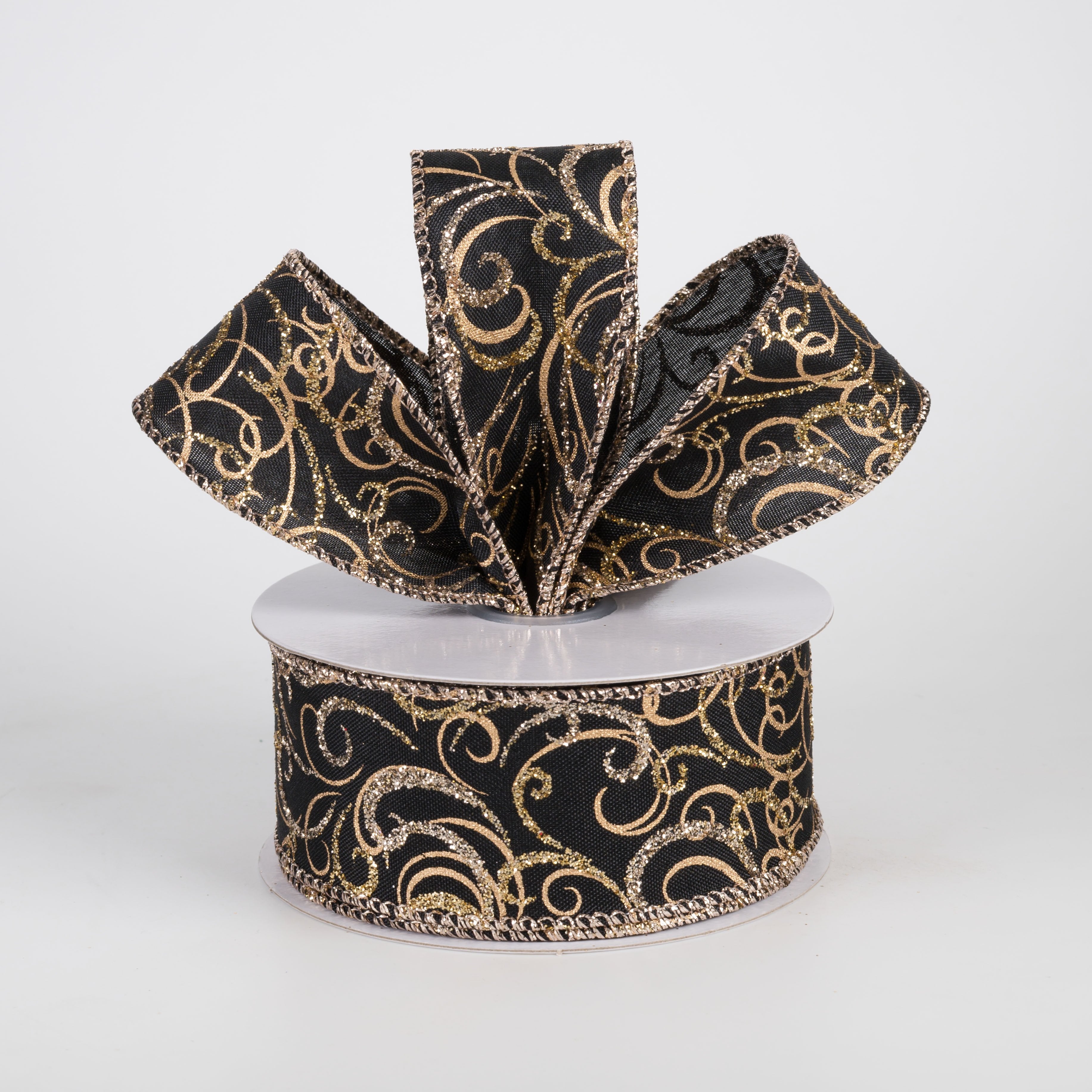 1.5" Glittered Multi Swirls Ribbon: Champagne & Gold on Black (10 Yards) Lifestyle Photo