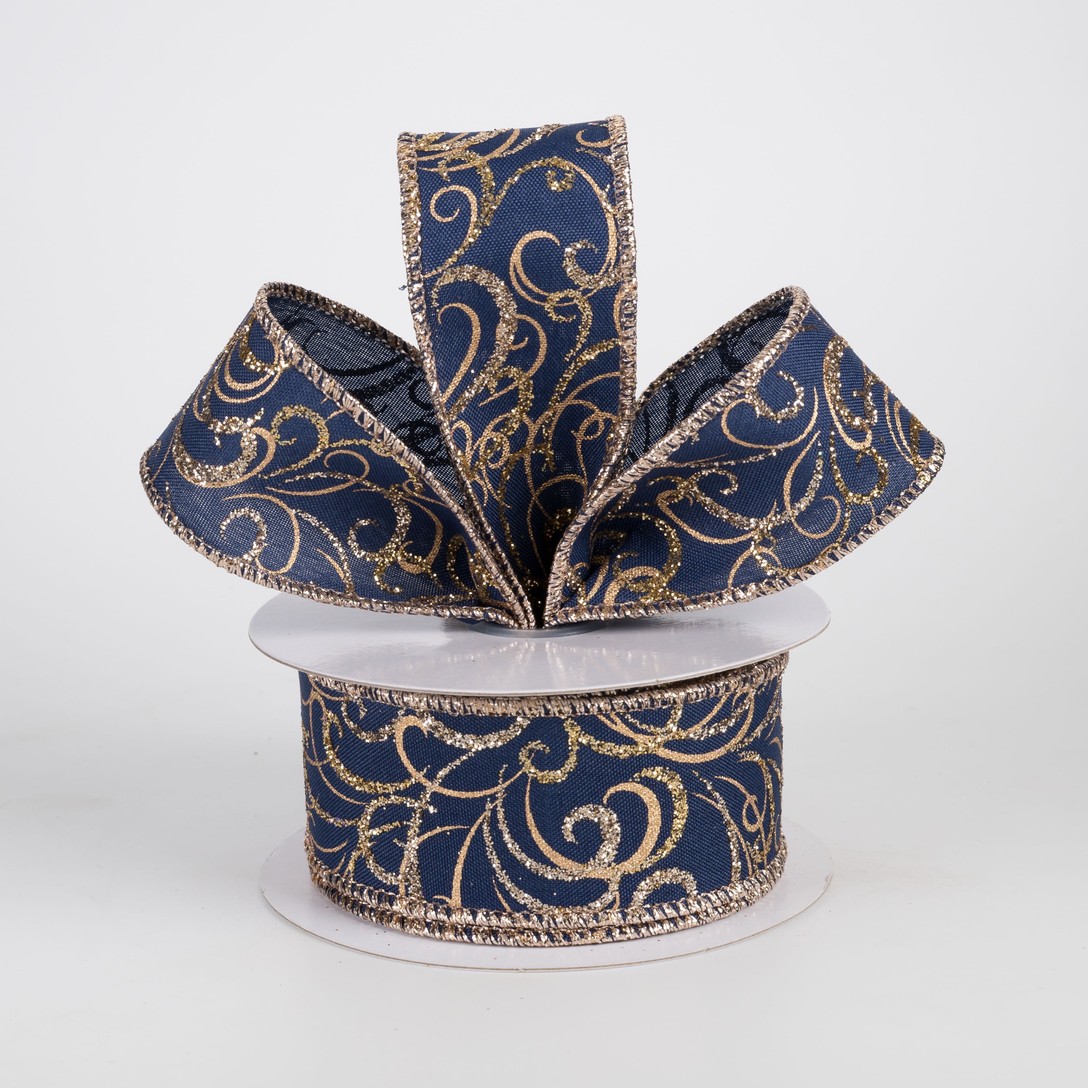 1.5" Glittered Multi Swirls Ribbon: Navy, Champagne & Gold (10 Yards) Lifestyle Photo