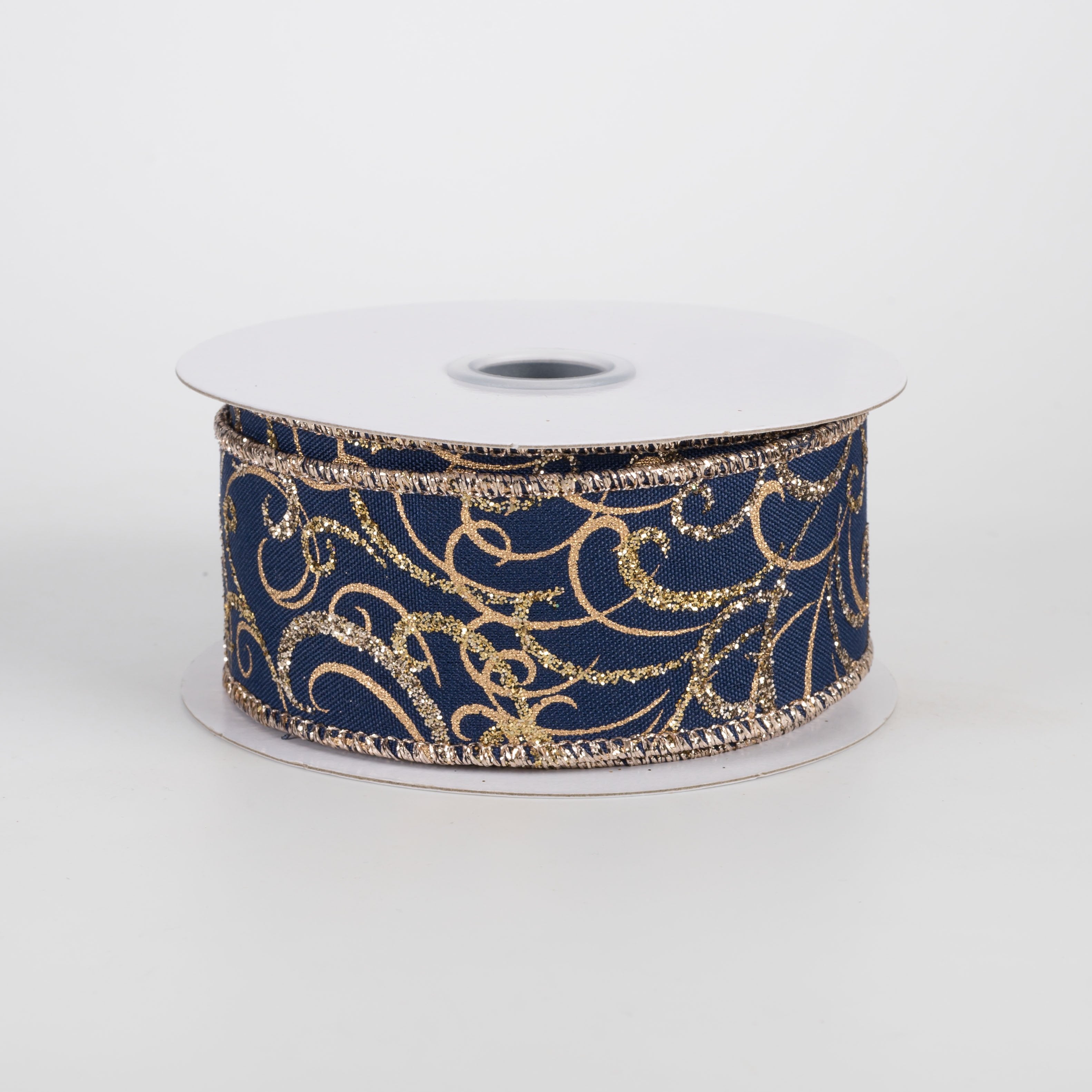 1.5" Glittered Multi Swirls Ribbon: Navy, Champagne & Gold (10 Yards) Item Number: RGF133619