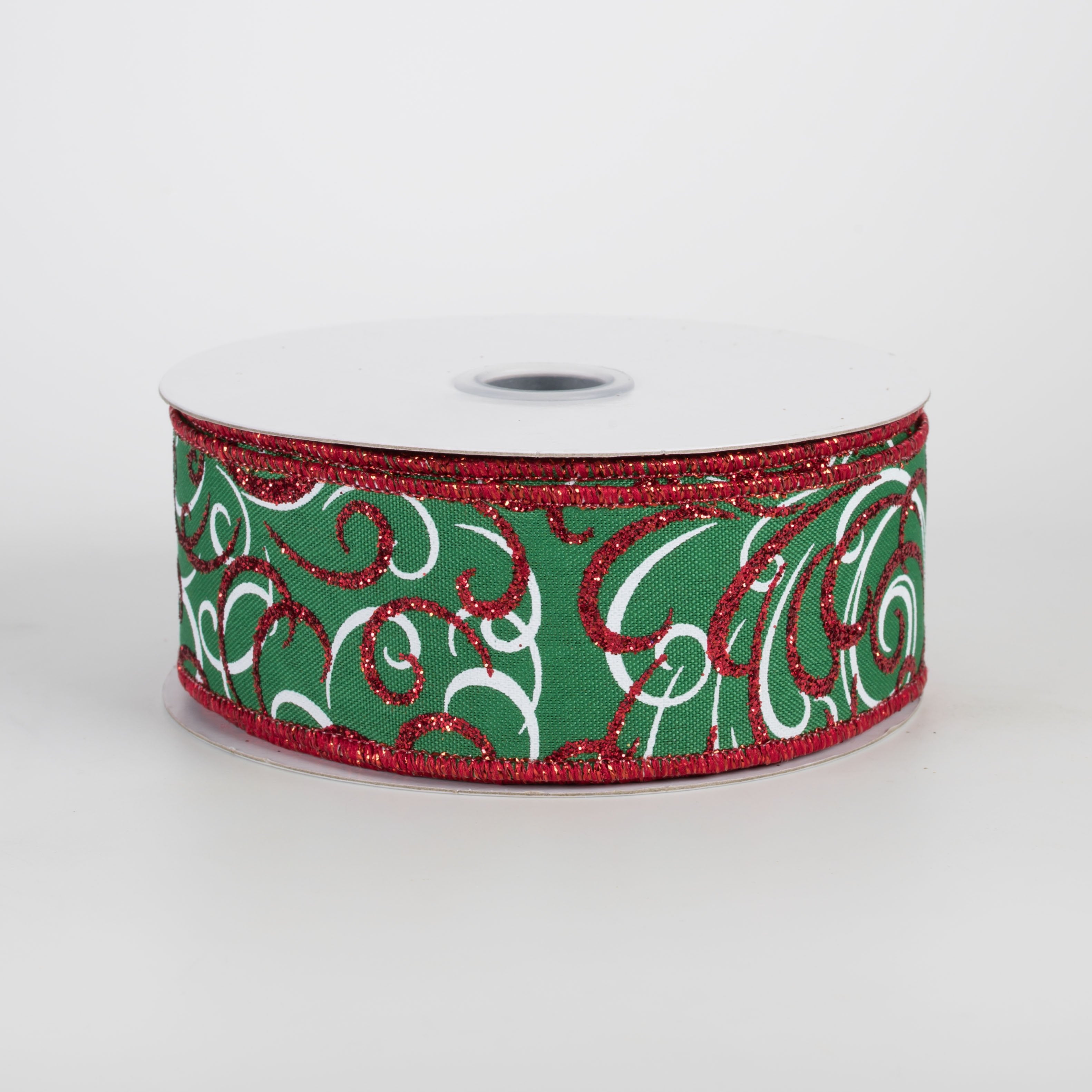 1.5" Glittered Multi Swirls Ribbon: Red & White on Emerald (10 Yards) Item Number: RGF132258