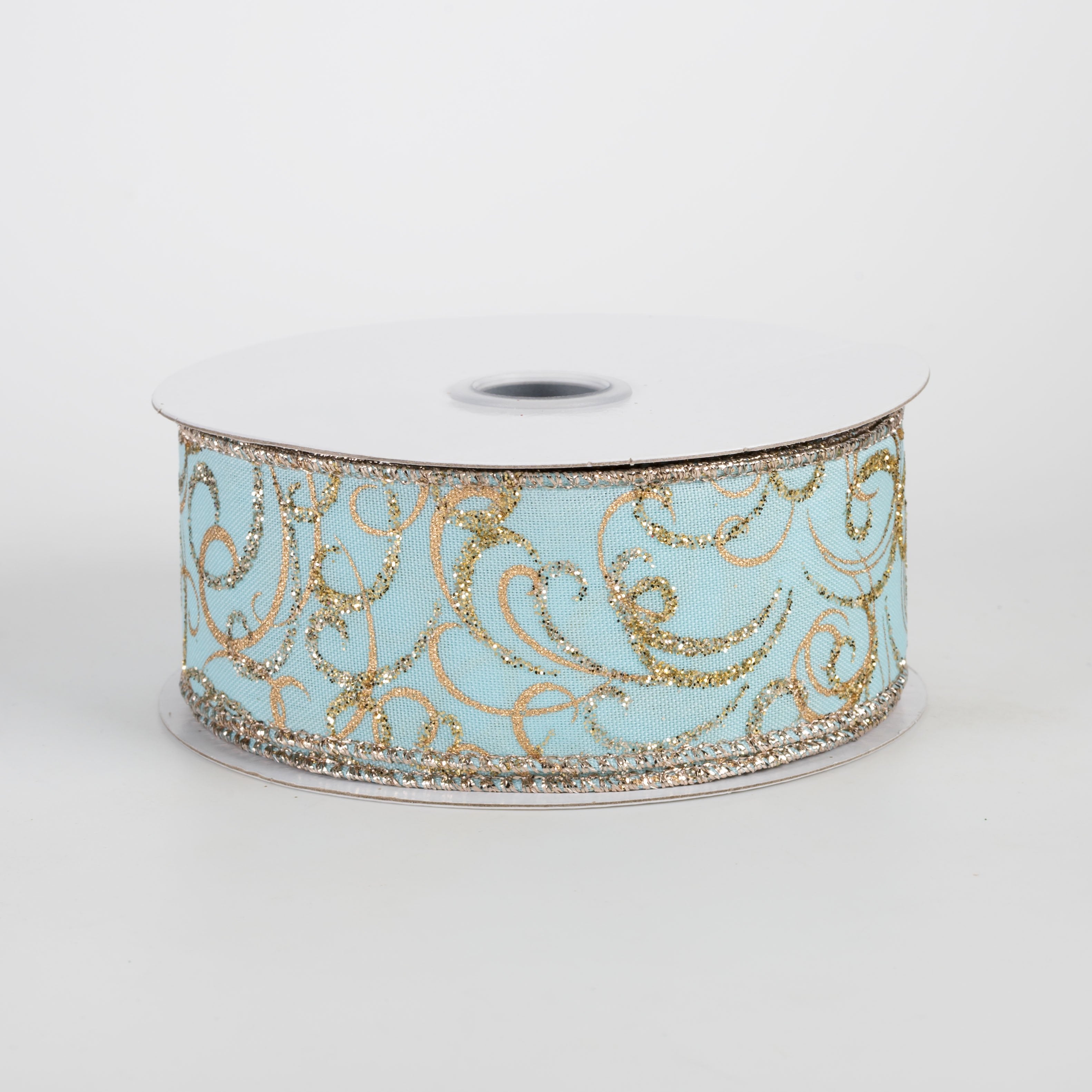 1.5" Glittered Multi Swirls Ribbon: Soft Turquoise, Champagne & Gold (10 Yards) Item Number: RGF1334FY