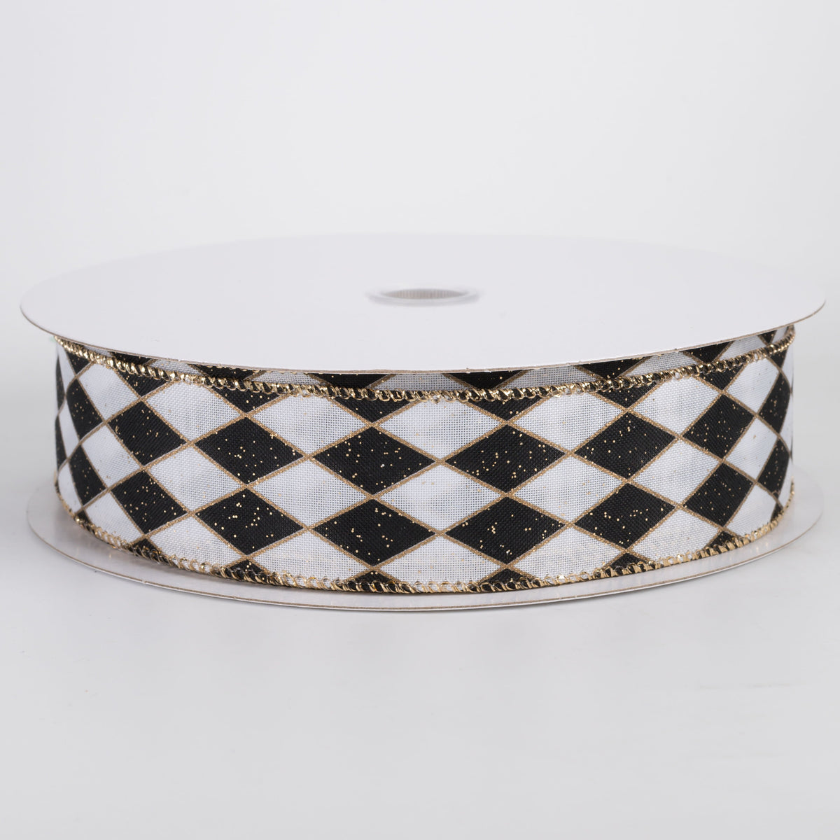 1.5" Glittered Satin Harlequin Ribbon: Black & Gold on White (50 Yards) Item Number: 871-09-528