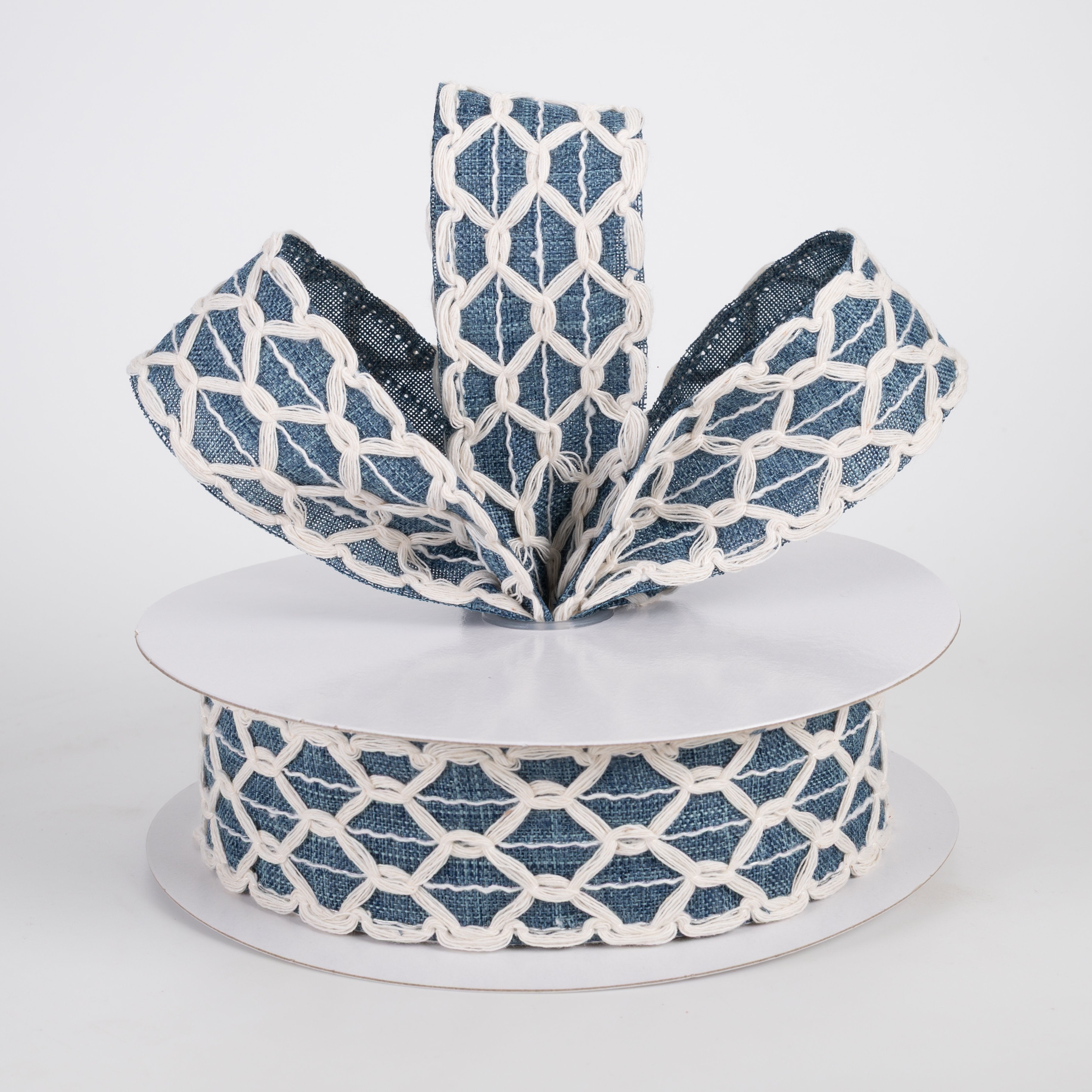 1.5" Ivory Scalloped Weave on Linen Ribbon: Denim (10 Yards) Lifestyle Photo