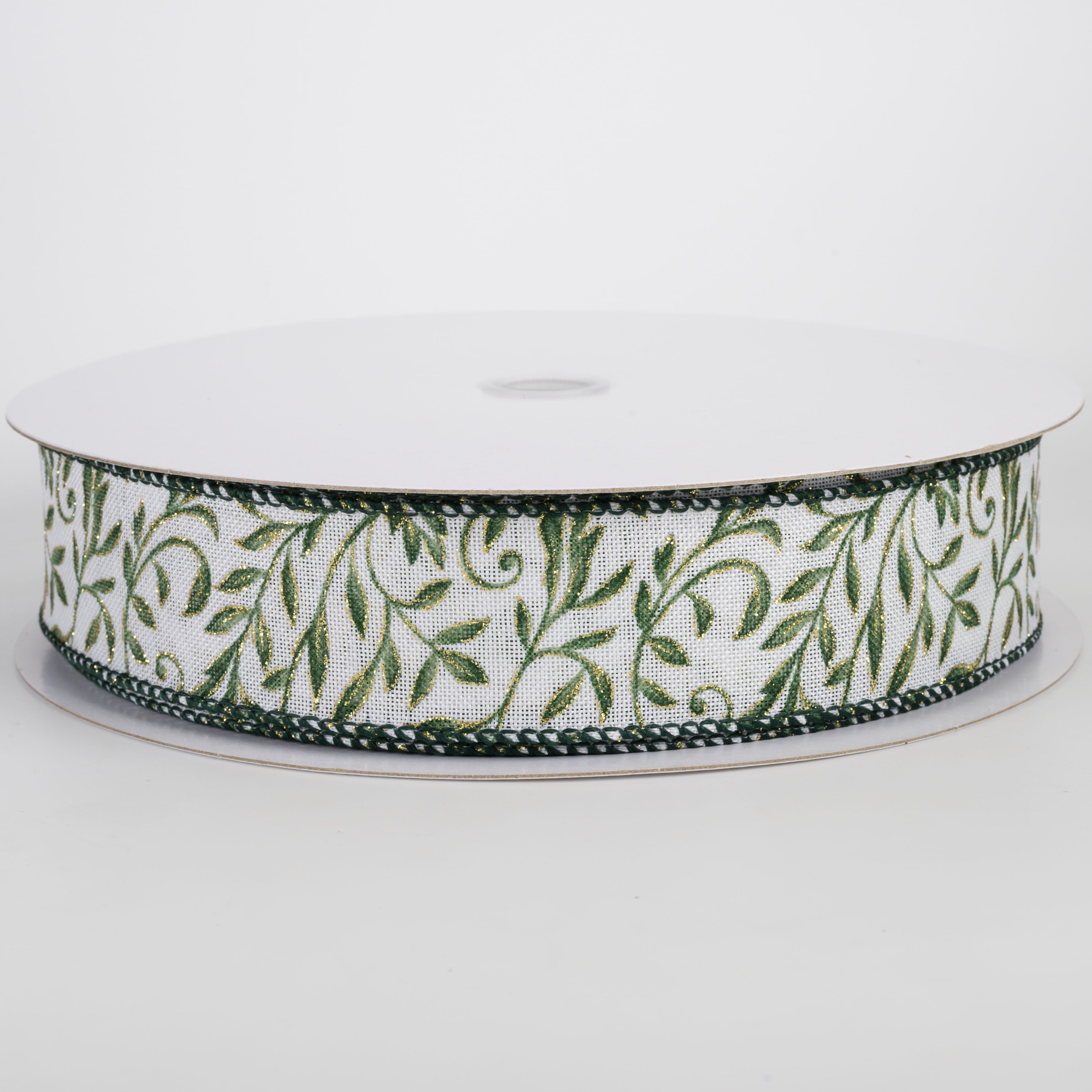 1.5" Linen Glittered Foliage Swirls Ribbon: Moss on Ivory (50 Yards) Item Number: 861-09-506