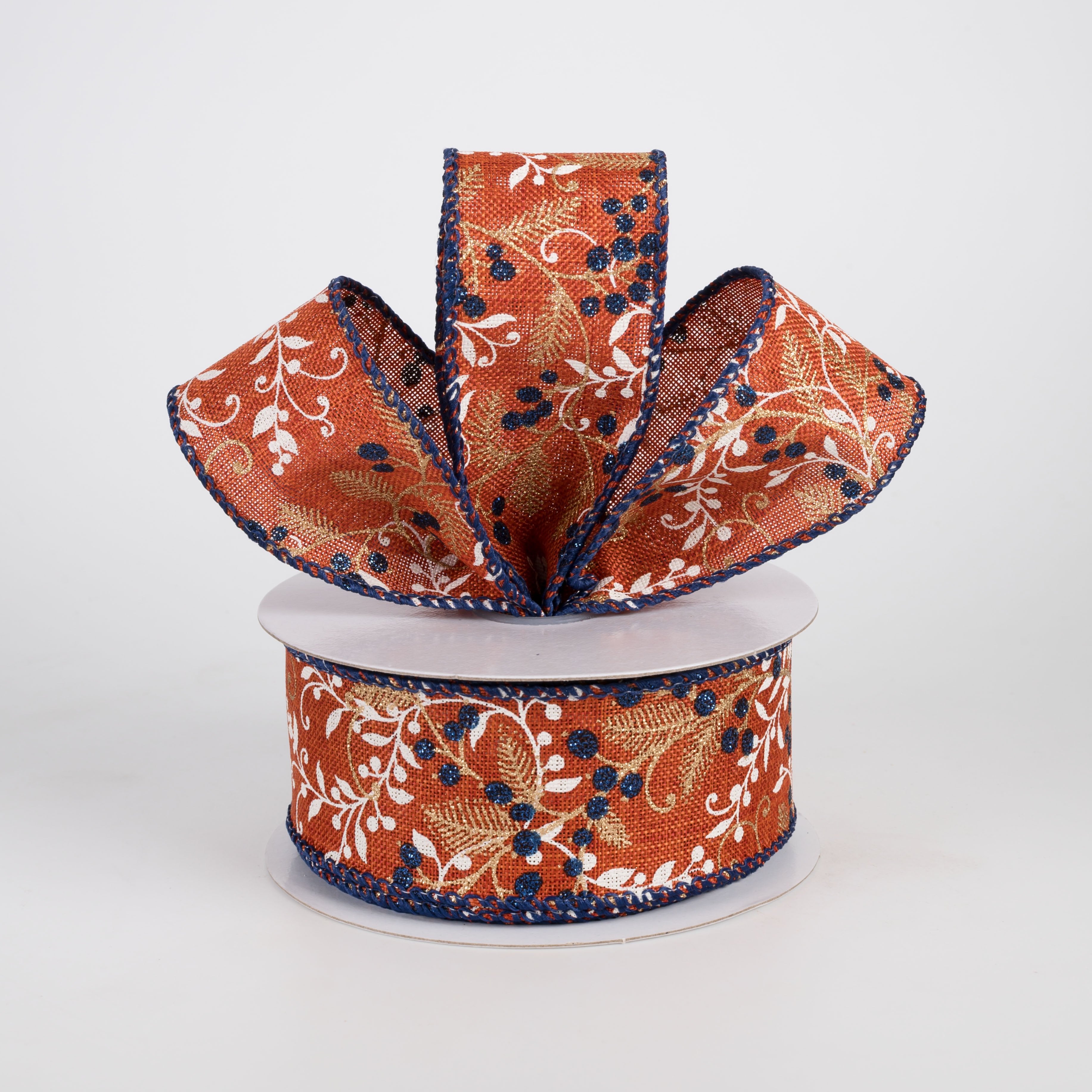 1.5" Linen Gold Vines & Navy Berries Ribbon: Rust (10 Yards) Lifestyle Photo