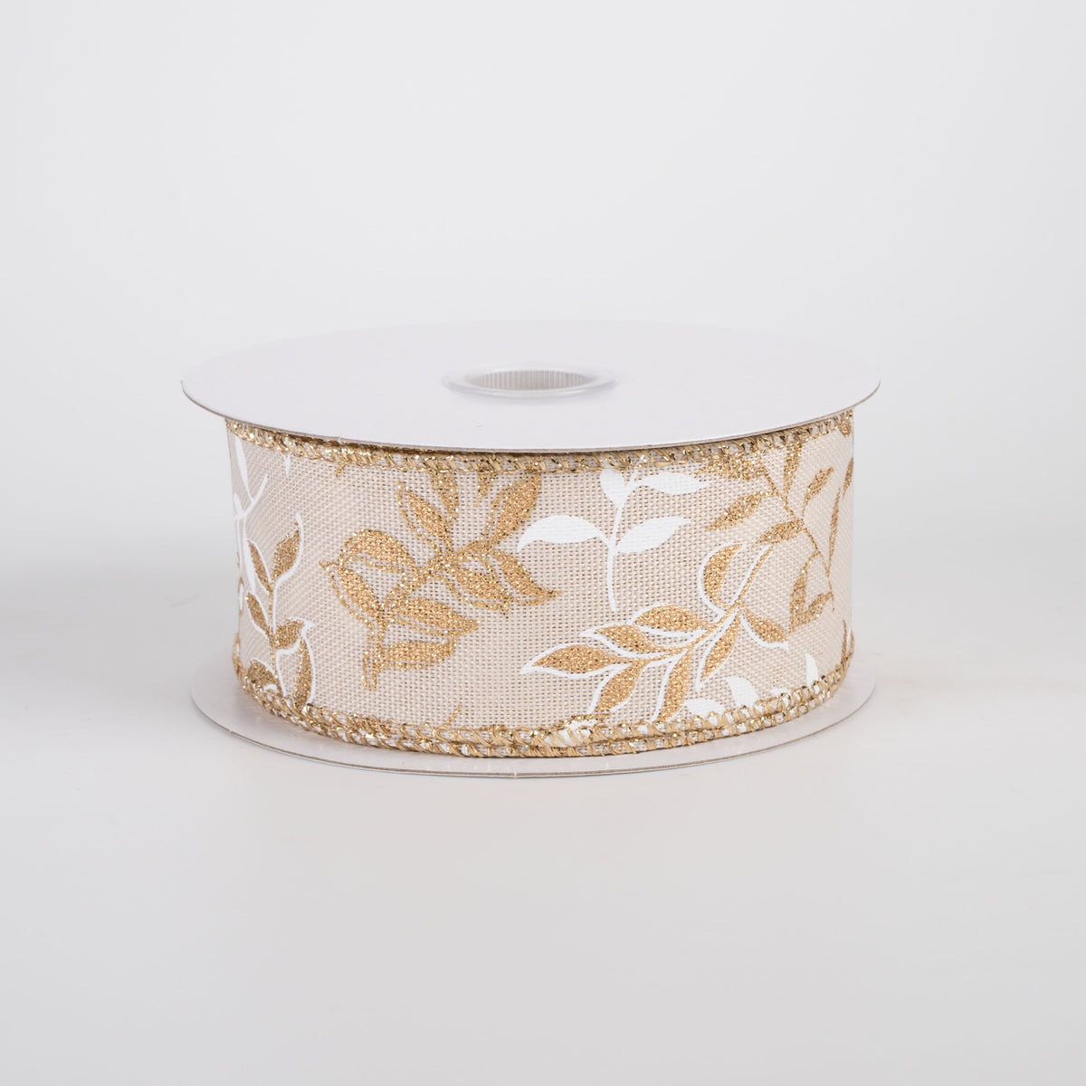 1.5" Linen Pressed Branches Ribbon: White & Gold on Ivory (10 Yards) Item Number: 71492-09-35