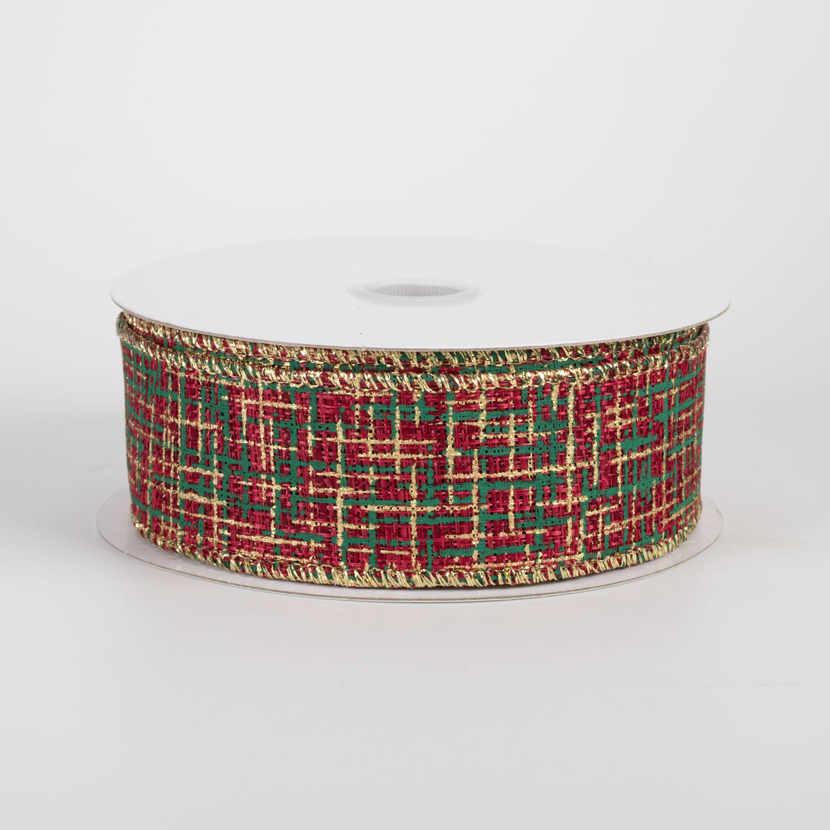 1.5" Linen Tweed Print Ribbon: Green & Gold on Red (10 Yards) Item Number: 71676-09-13