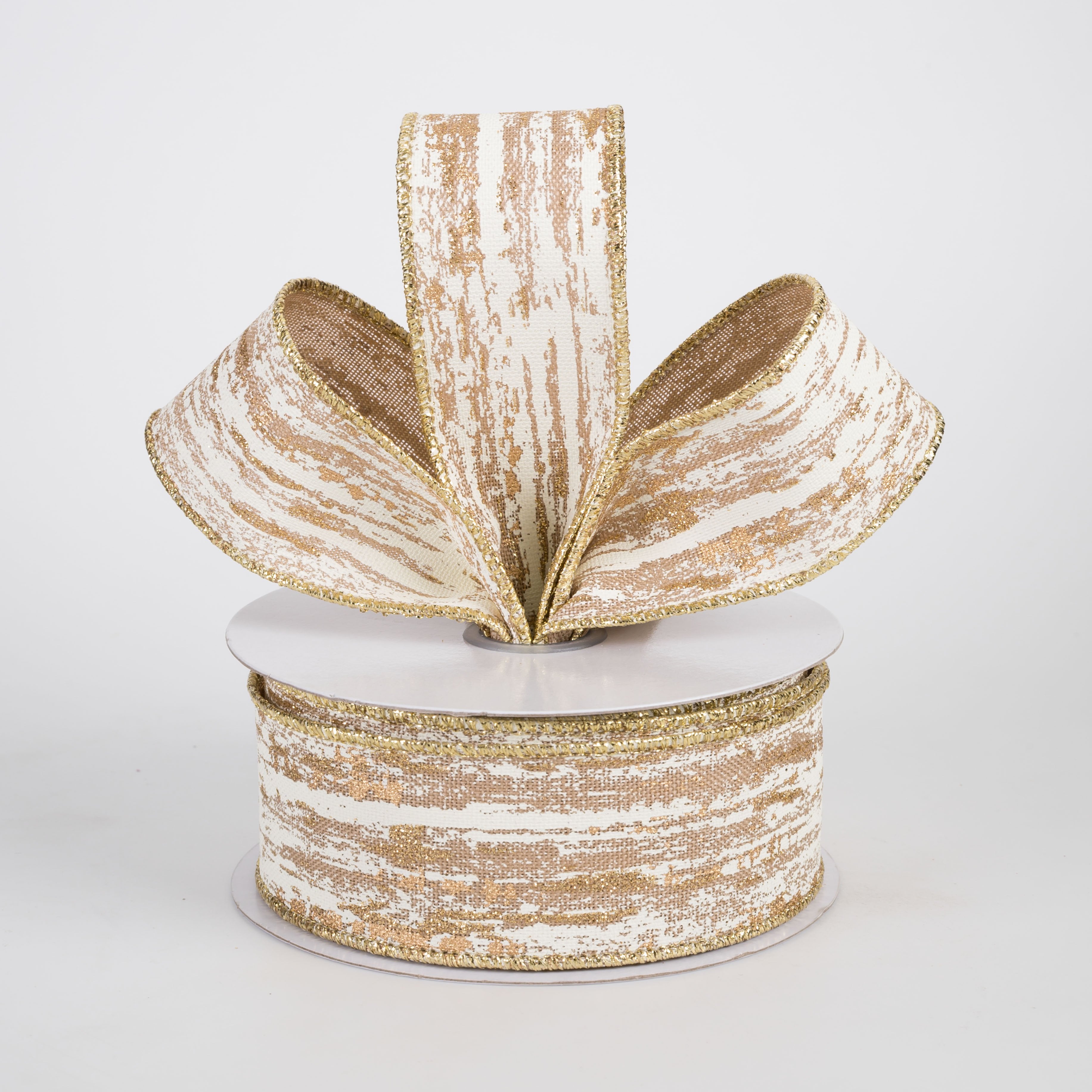 1.5" Metallic Glitter Streaks Ribbon: Beige, Cream, Gold (10 Yards) Lifestyle Photo