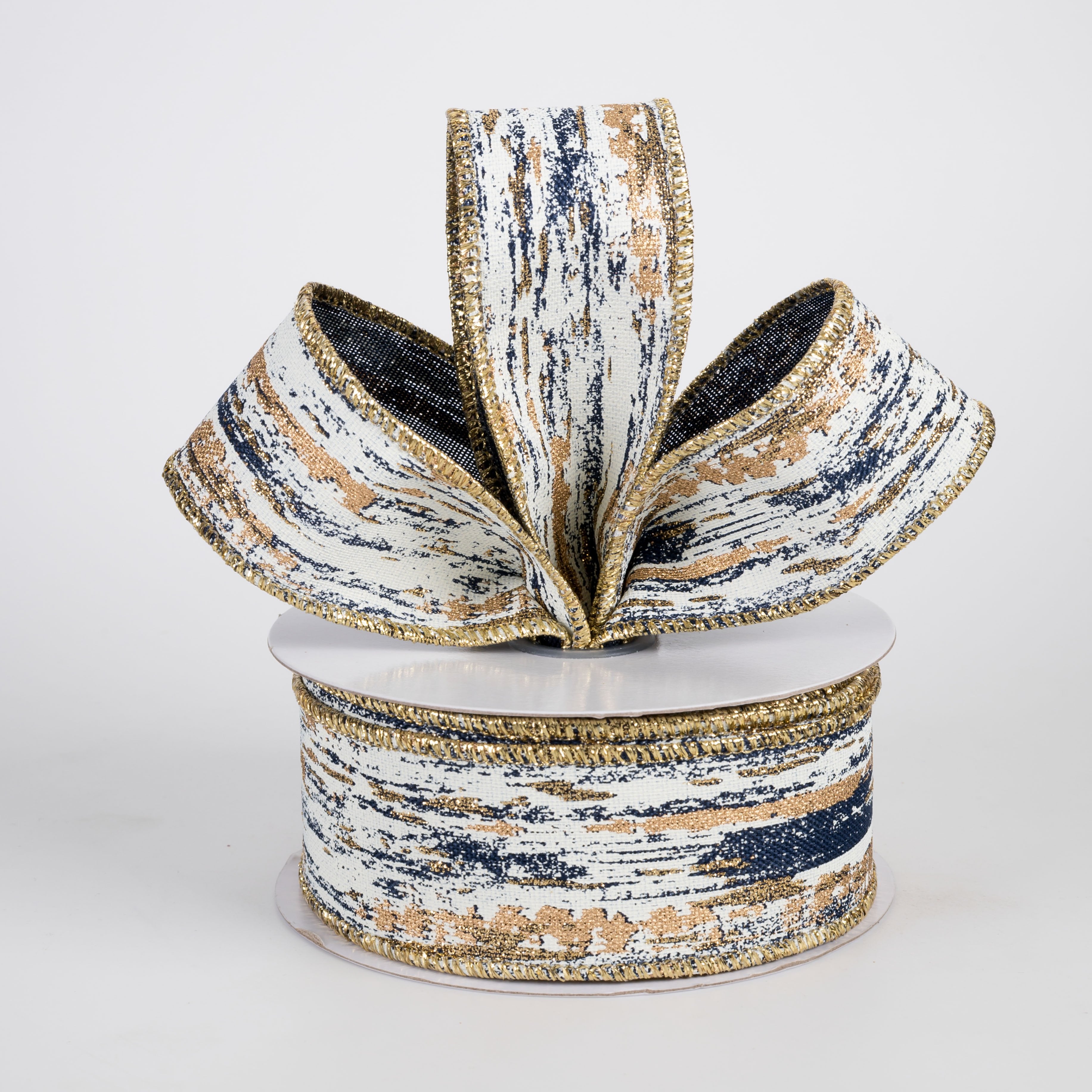 1.5" Metallic Glitter Streaks Ribbon: Navy, Cream, Gold (10 Yards) Lifestyle Photo