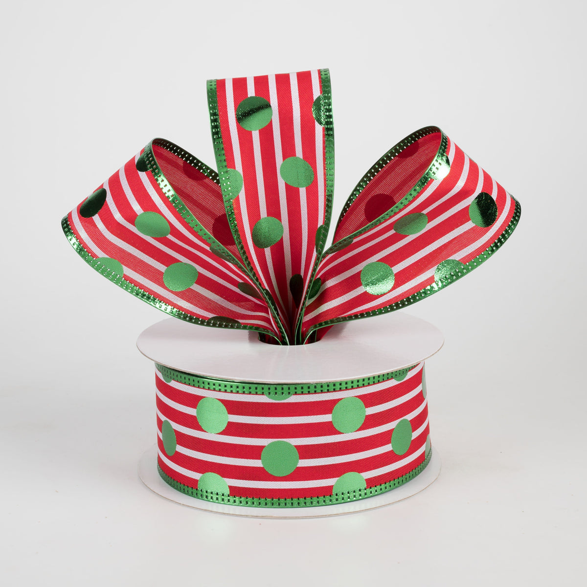 1.5" Metallic Polka Dot & Edge Ribbon: Green on Red & White (10 Yards) Lifestyle Photo