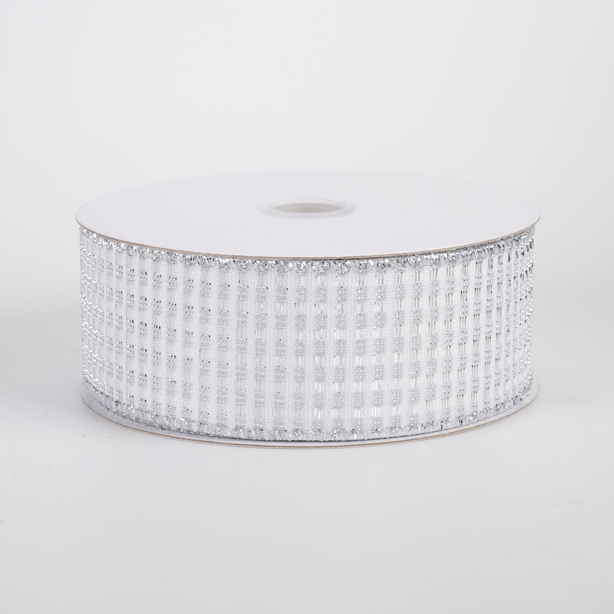1.5" Metallic Rishi Woven Grid Ribbon: White & Silver (10 Yards) Item Number: 78496-09-51