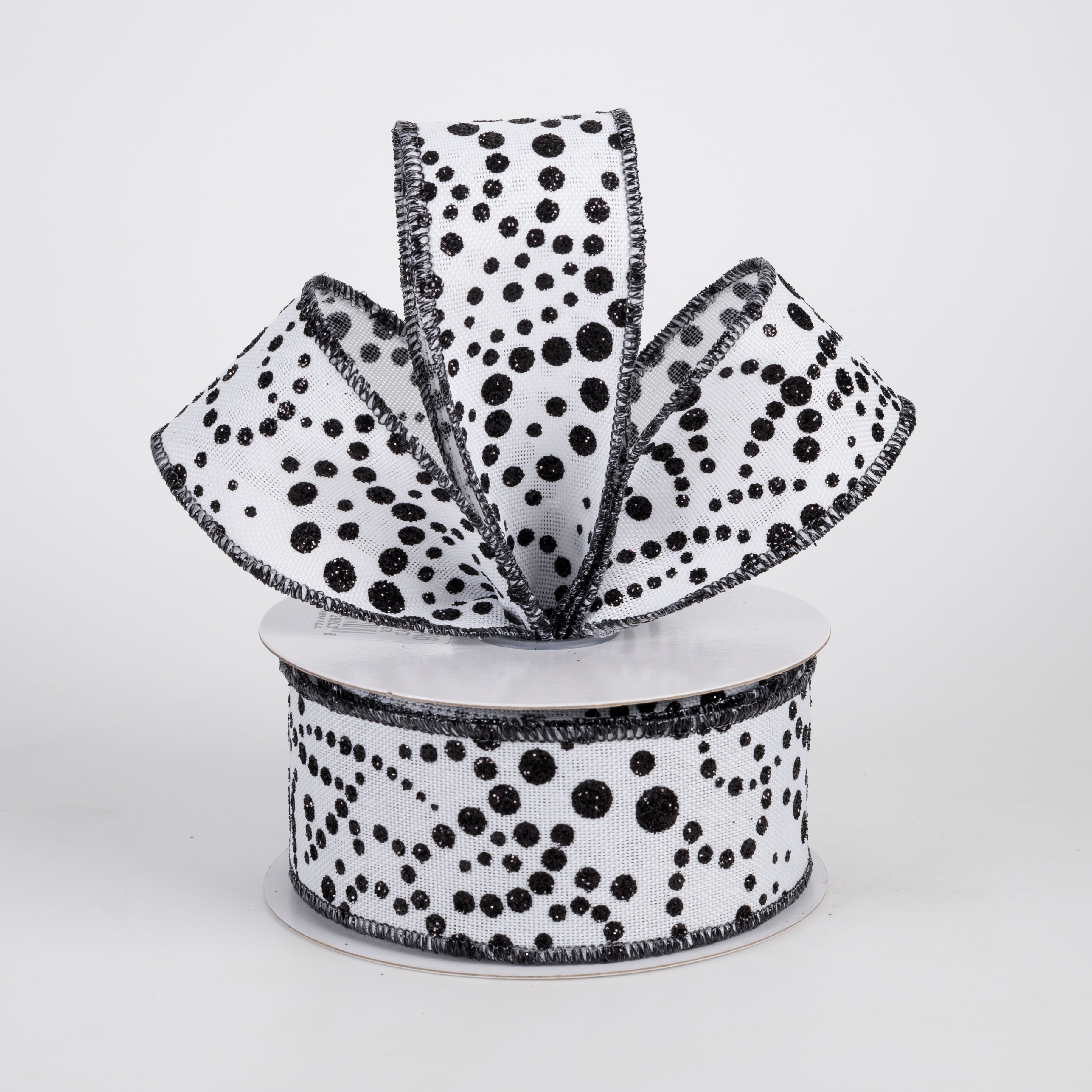 1.5" Mini Glitter Dots Ribbon: Black on White (10 Yards) Lifestyle Photo