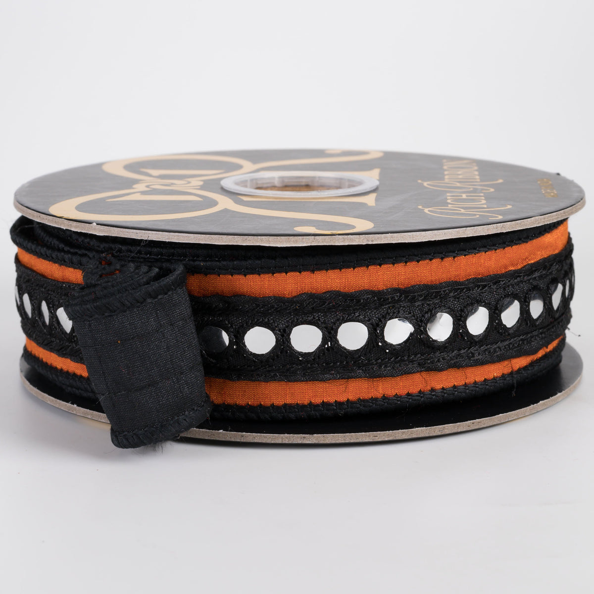 1.5" Mirror Center Trim on Dupioni Double Fused Ribbon: Orange & Black (10 Yards) Item Number: RR0069