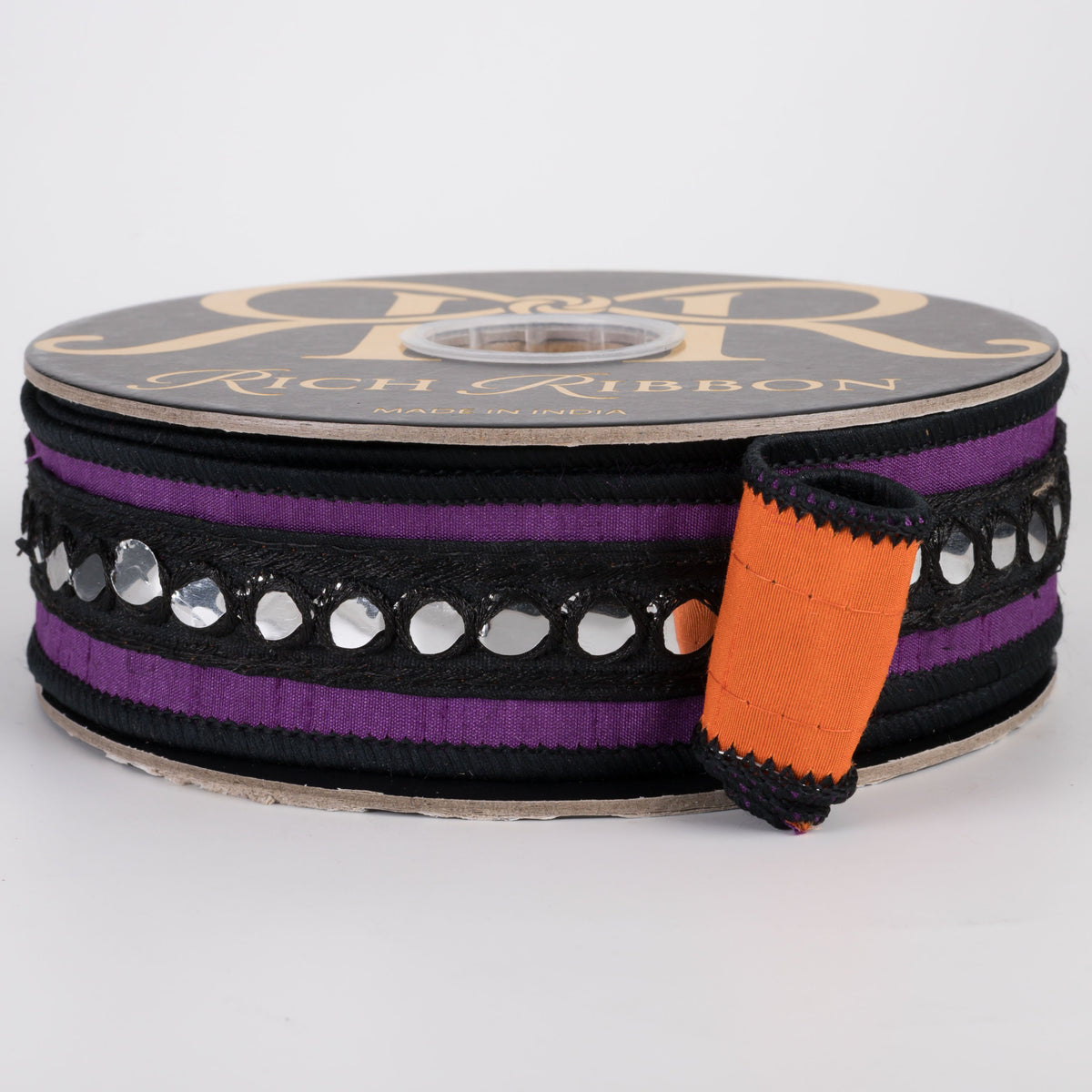 1.5" Mirror Center Trim on Dupioni Double Fused Ribbon: Purple & Orange (10 Yards) Item Number: RR0073