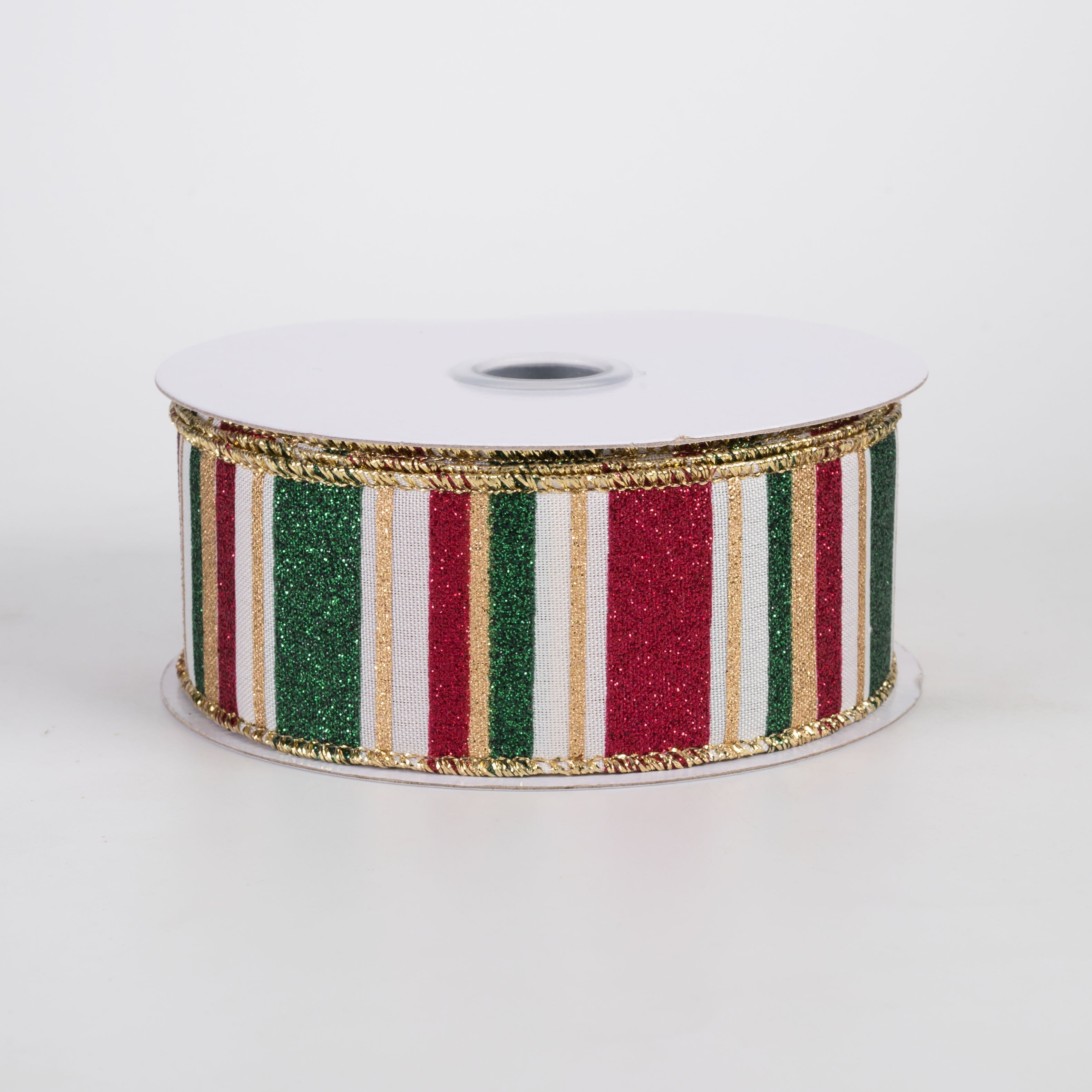 1.5" Multi Glitter Stripes Ribbon: Cream, Hunter Green, Burgundy & Gold (10 Yards) Item Number: RGF1912C2