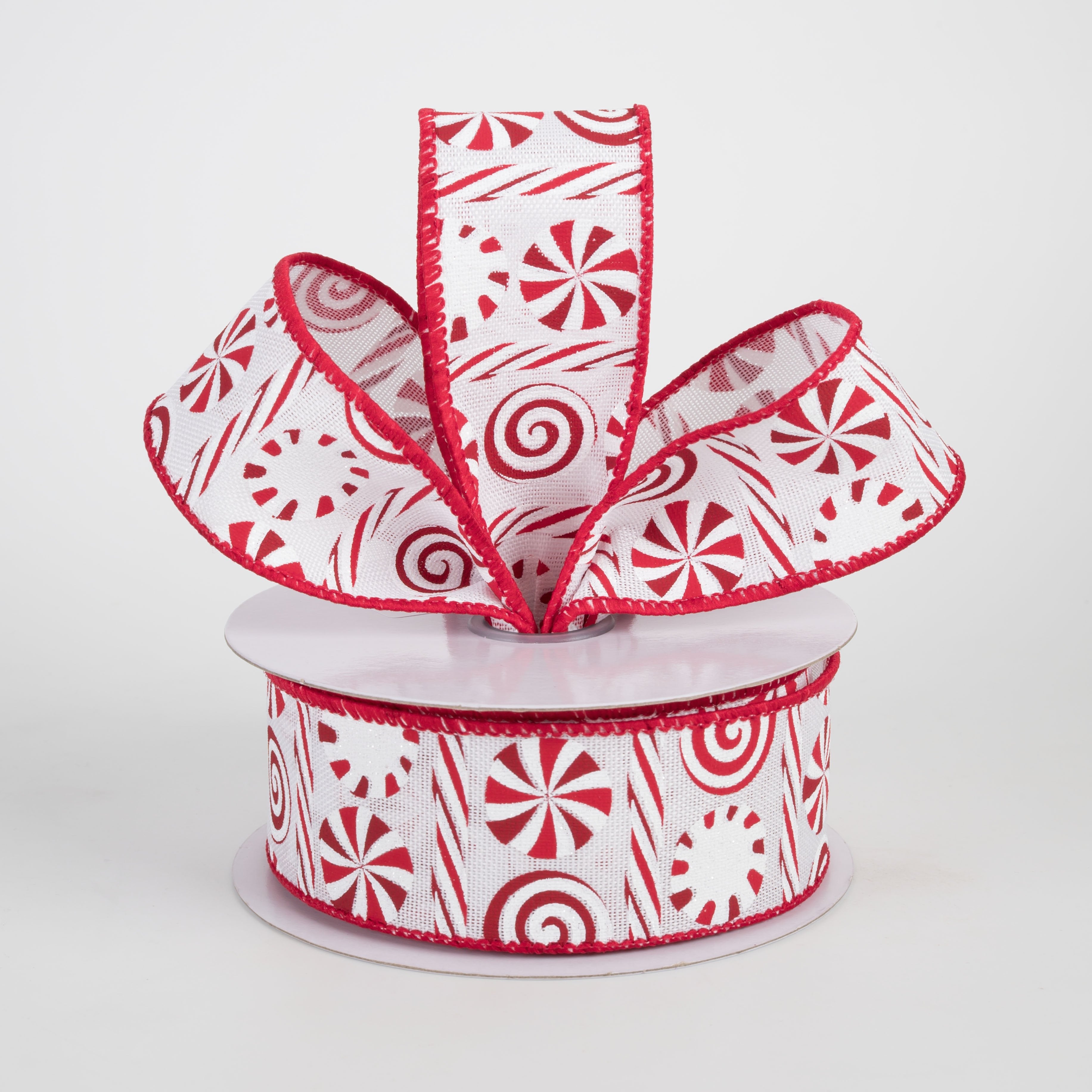 1.5" Peppermints & Peppermint Stripes Ribbon: White, Red & Dark Red (10 Yards) Lifestyle Photo