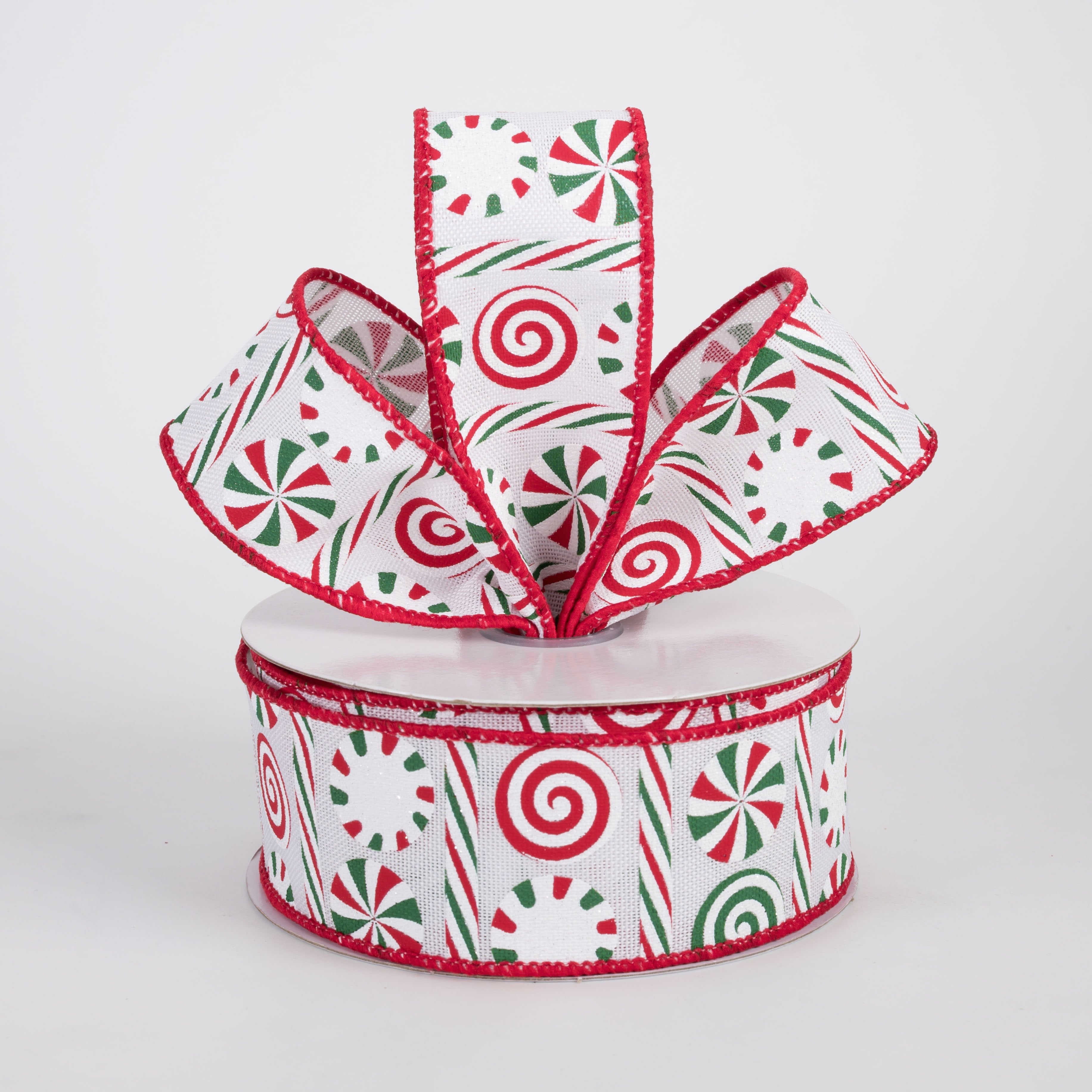 1.5" Peppermints & Peppermint Stripes Ribbon: White, Red & Emerald (10 Yards) Lifestyle Photo