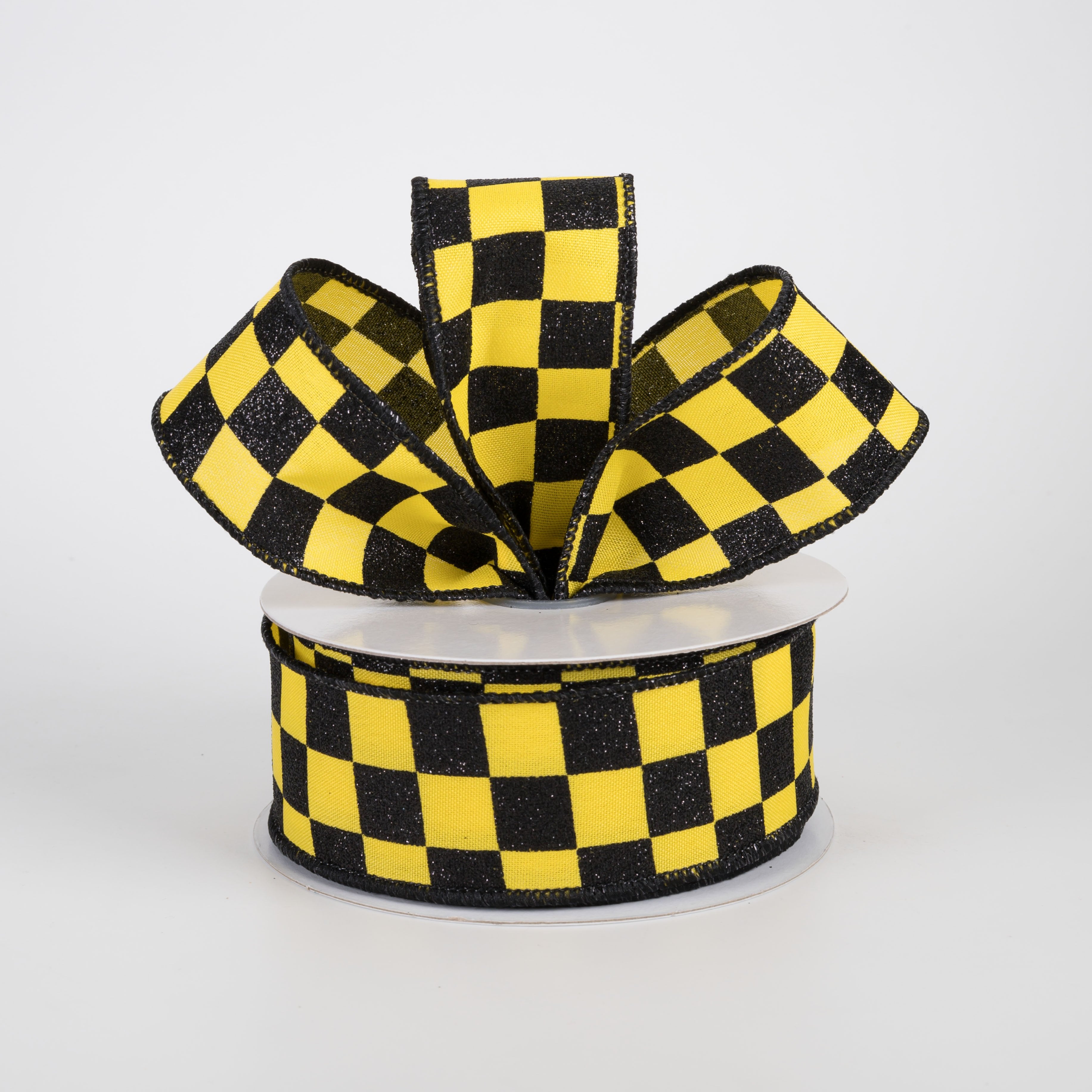 1.5" Printed Glitter Race Check Ribbon: Black on Yellow (10 Yards) Lifestyle Photo