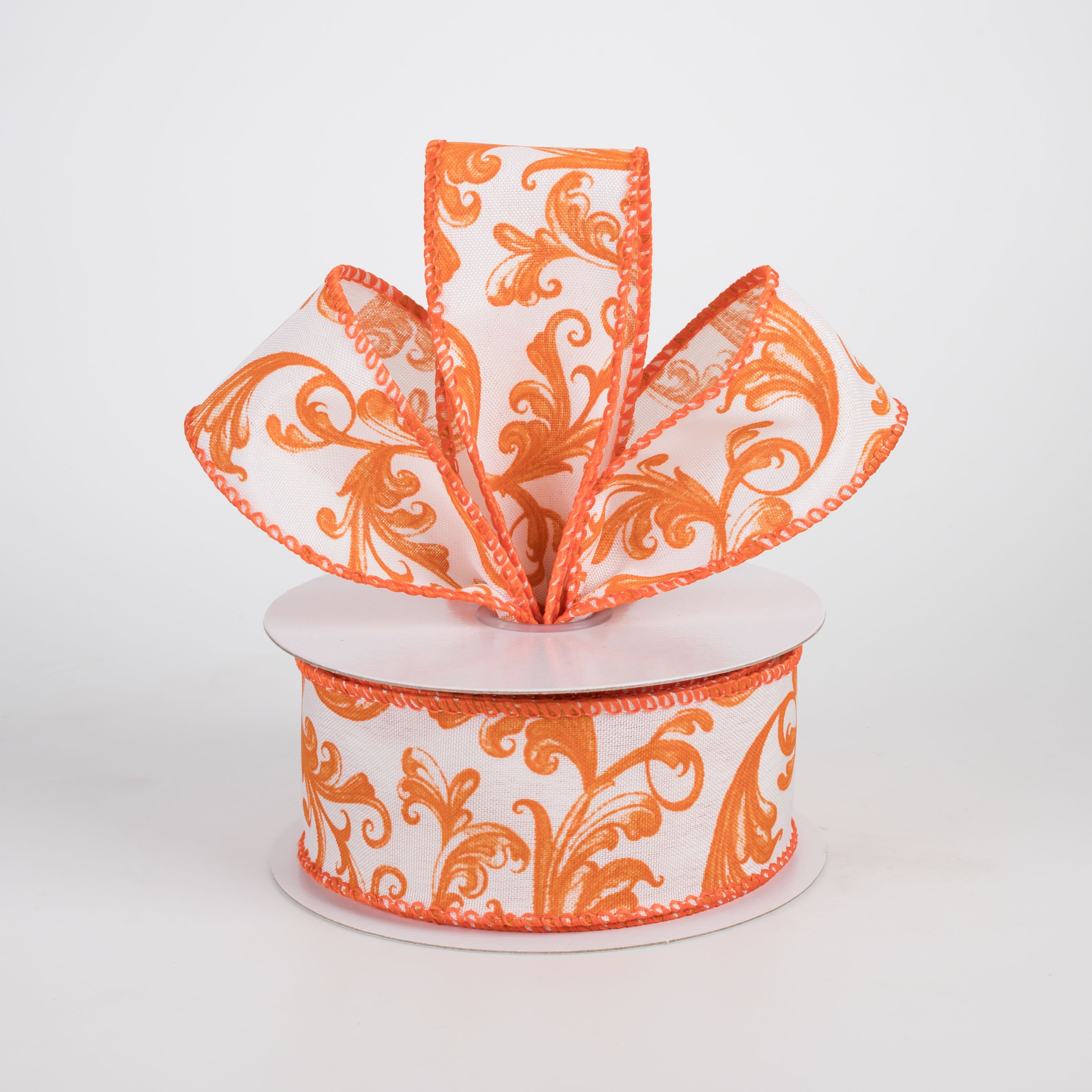 1.5" Satin Chinoiserie Swirls Ribbon: Rust Orange on White (10 Yards) Lifestyle Photo