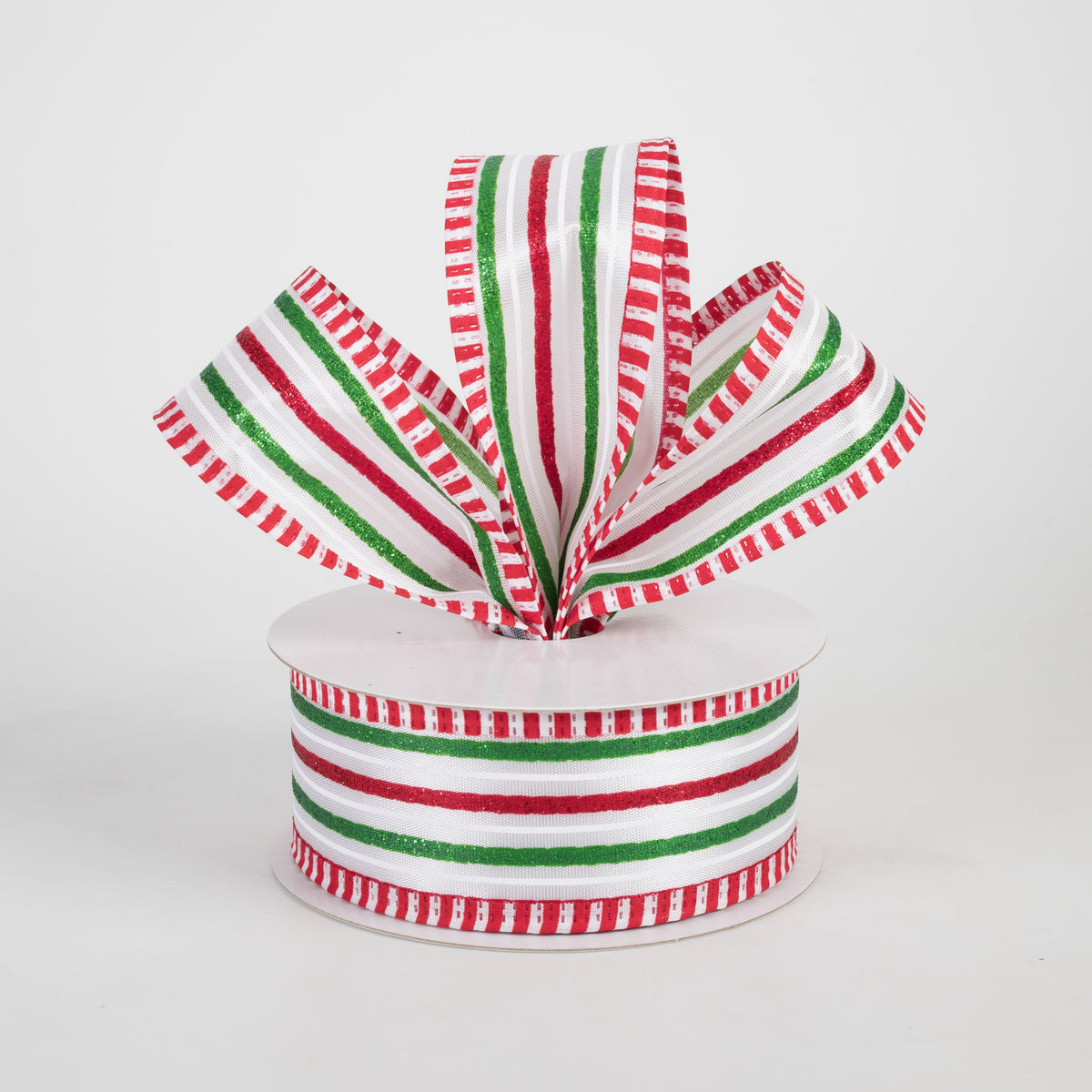 1.5" Satin Glitter Stripes Striped Edge Ribbon: Red, White, Green (10 Yards) Lifestyle Photo
