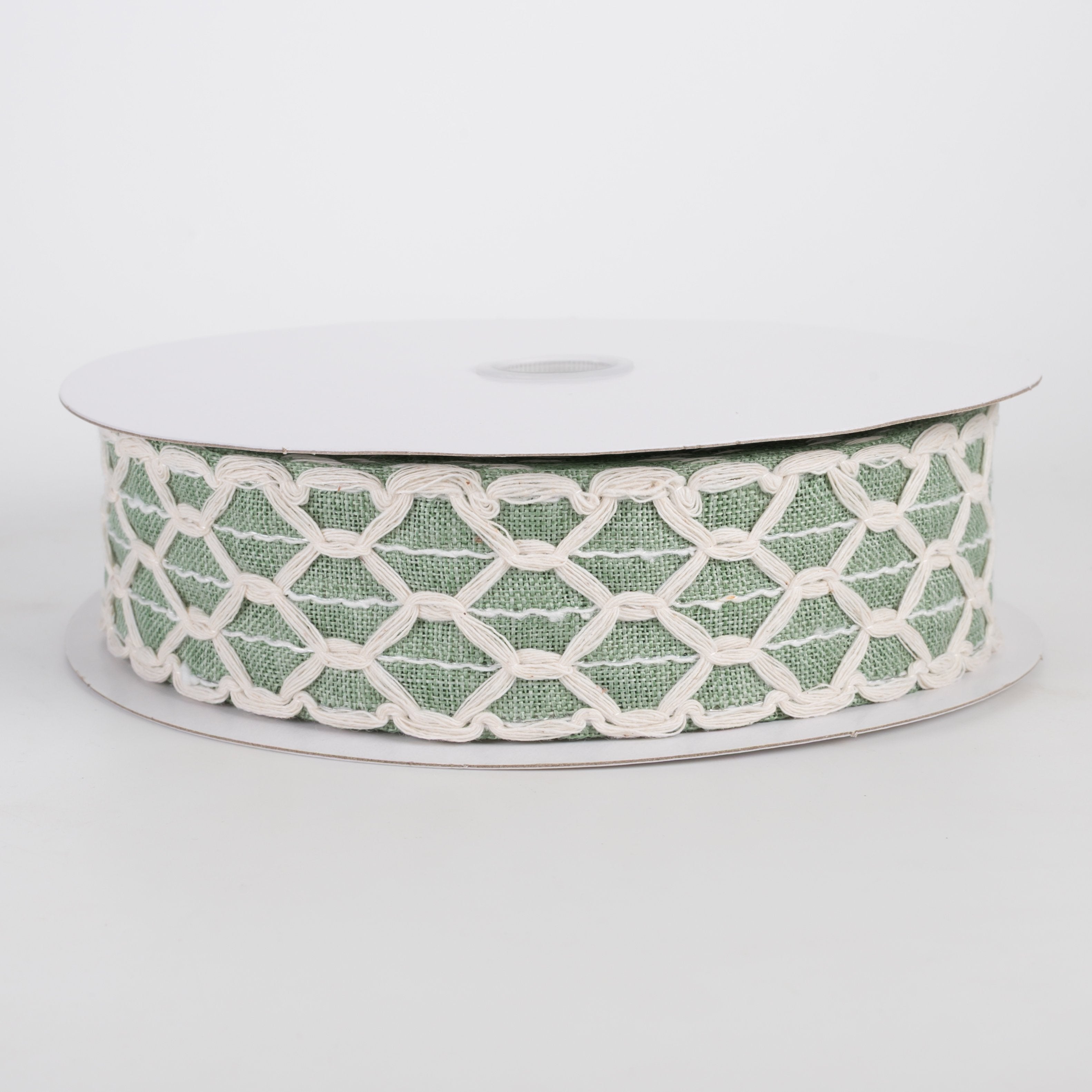 1.5" Scalloped Open Weave Linen Ribbon: Sage Green (10 Yards) Item Number: 71647-09-52
