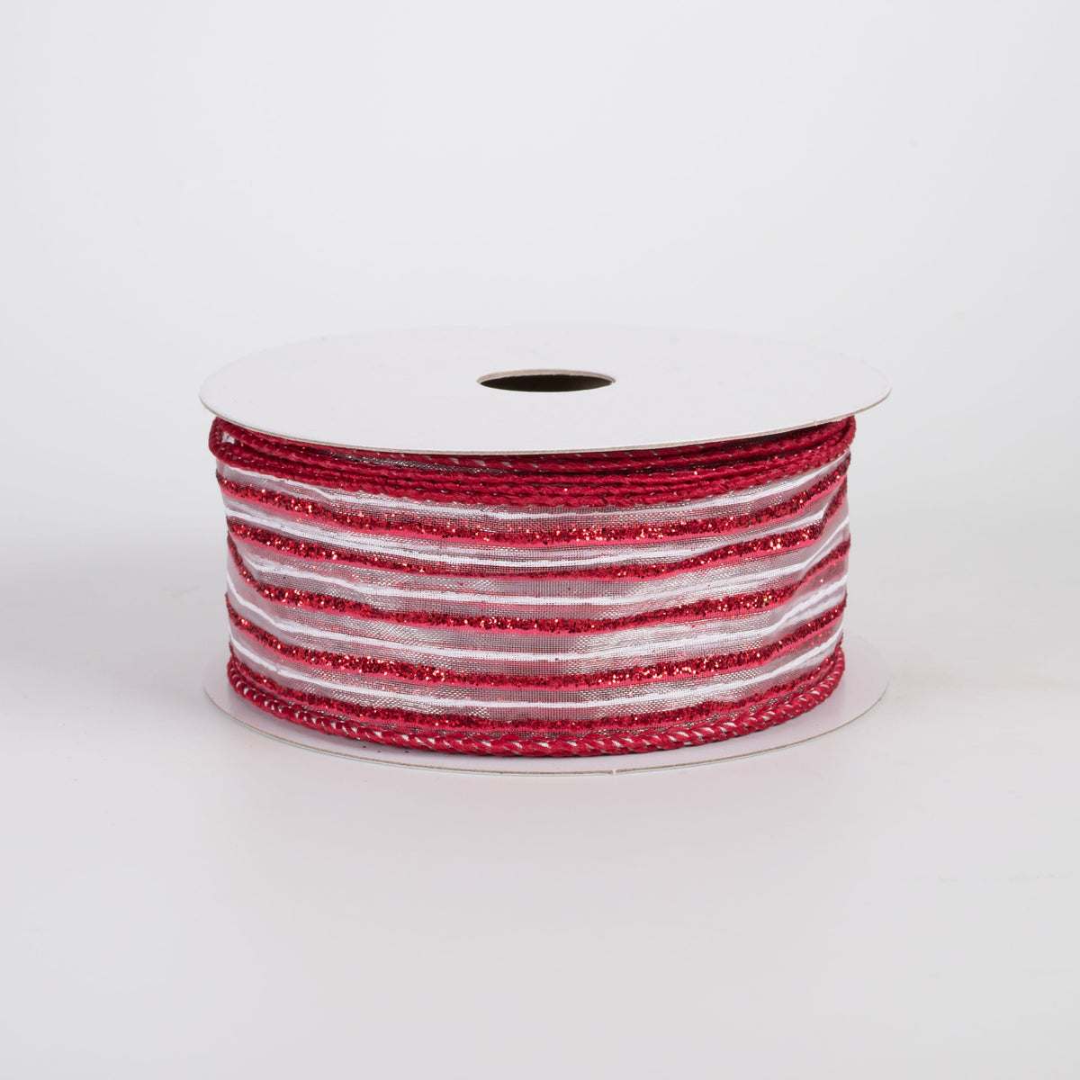 1.5" Sheer Glitter Stripes Ribbon: Red & White (10 Yards) Item Number: 71627-09-01