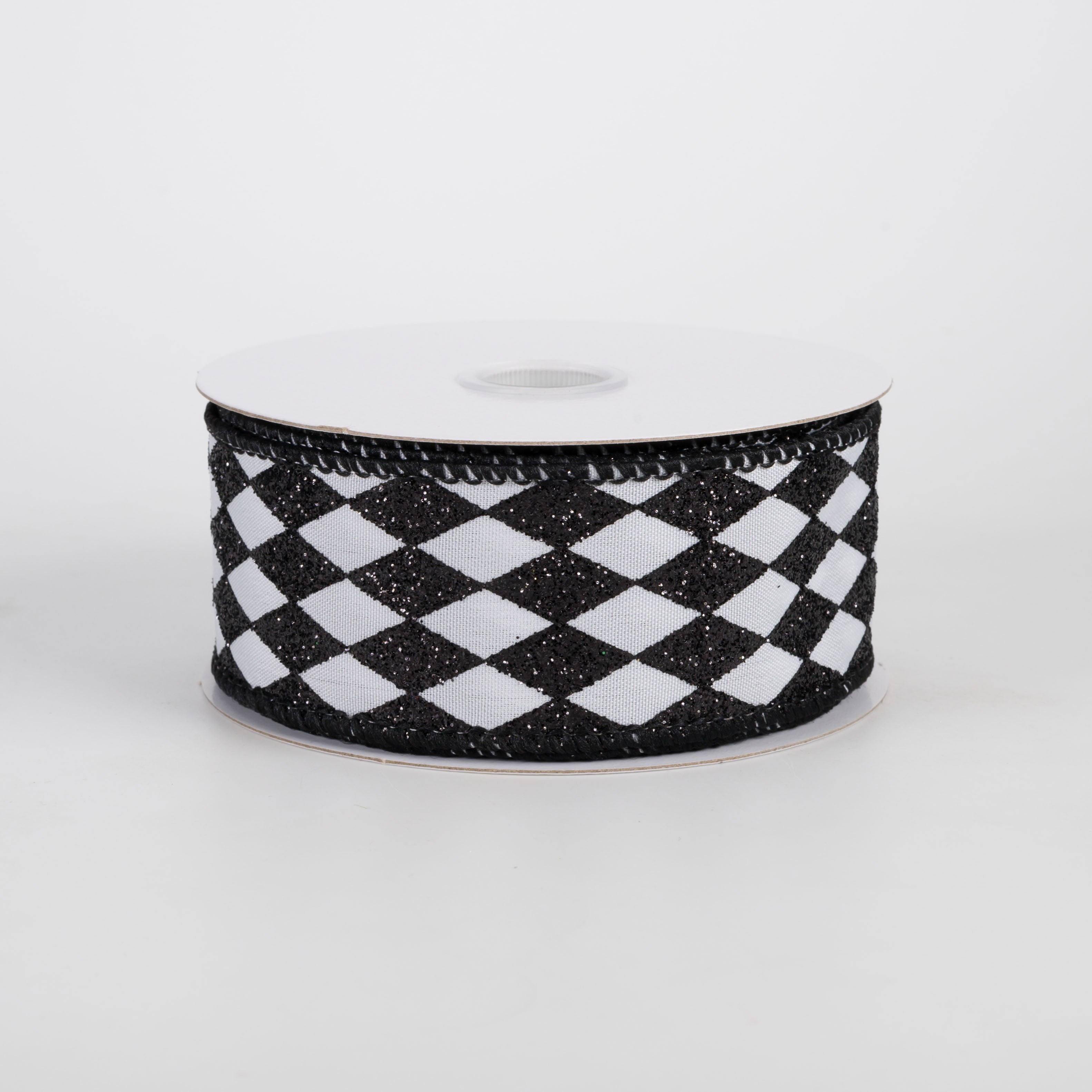 1.5" Tiny Glitter Harlequin on Satin Ribbon: Black on White (10 Yards) Item Number: 72601-09-01